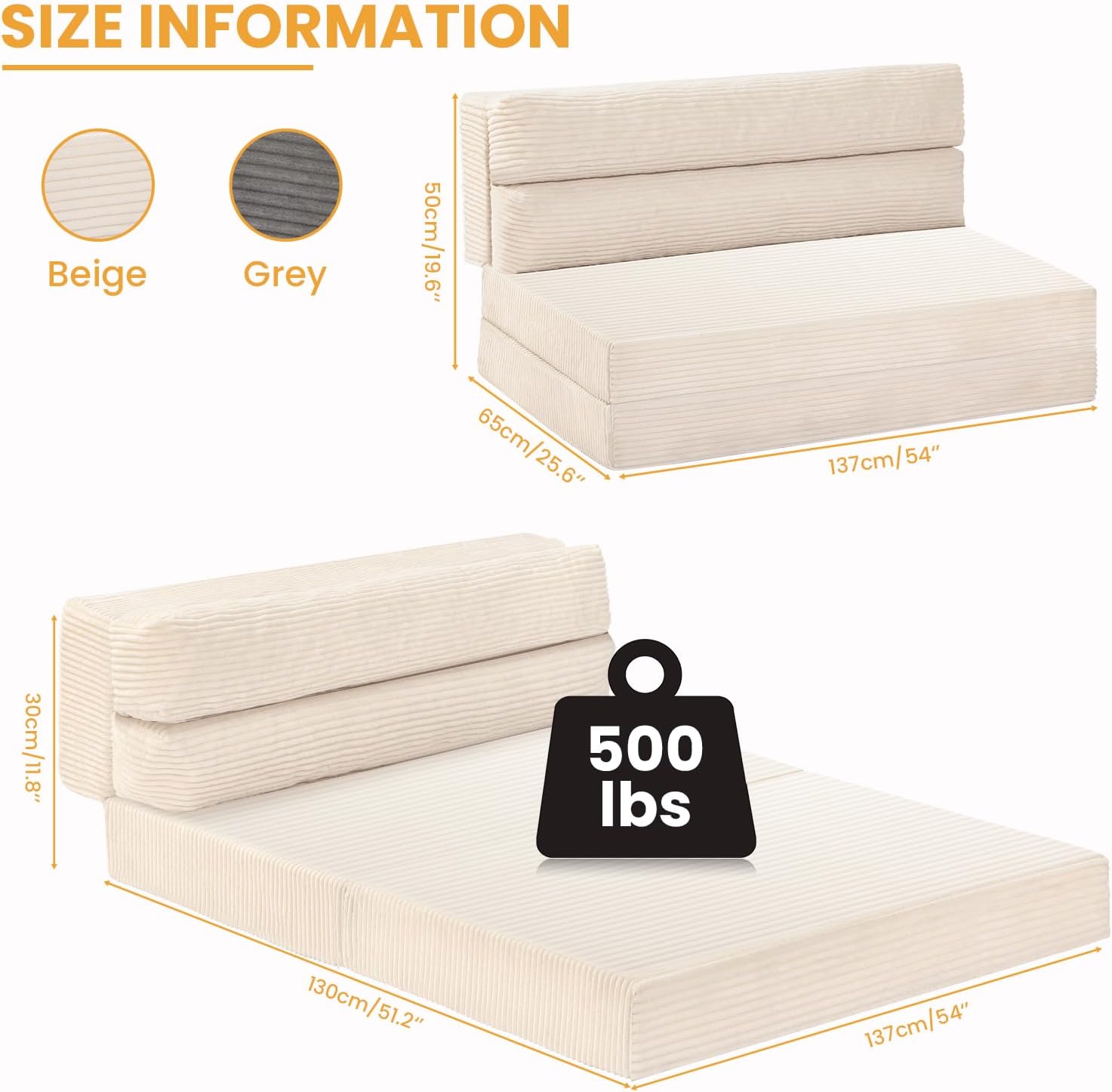 folding mattress full size, 3 in 1 convertible sofa bed fold out couch bed floor couch lounge sleeper mattress for living room, guest room, high-density memory foam 5'' thickness, beige, corduroy beige full