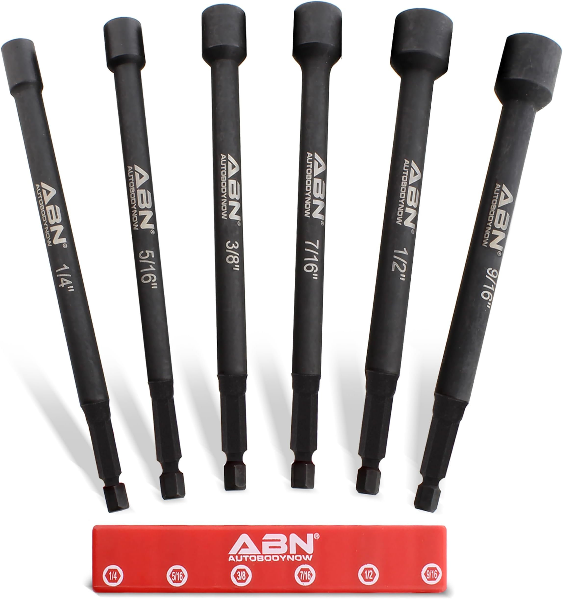 Impact Nut Driver Tool Set - 6pc SAE 6 IN Long Shank Nut Driver Bits Magnetic Tip Sockets, 1/4 IN Hex Shank