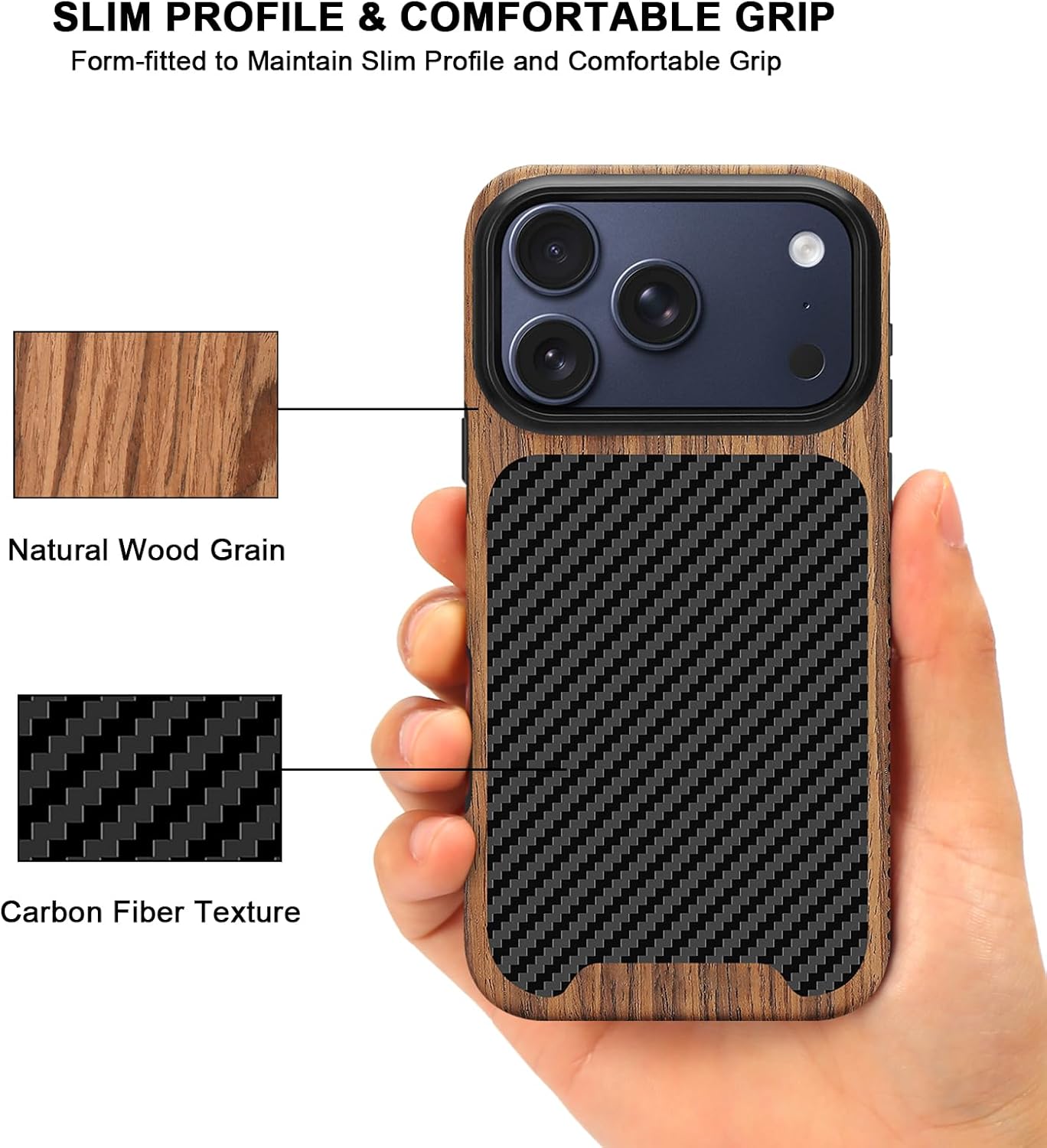 TENDLIN Compatible with iPhone 17 Pro Case Wood Grain with Carbon Fiber Texture Design Leather Hybrid Slim Case (Black) - Image 3