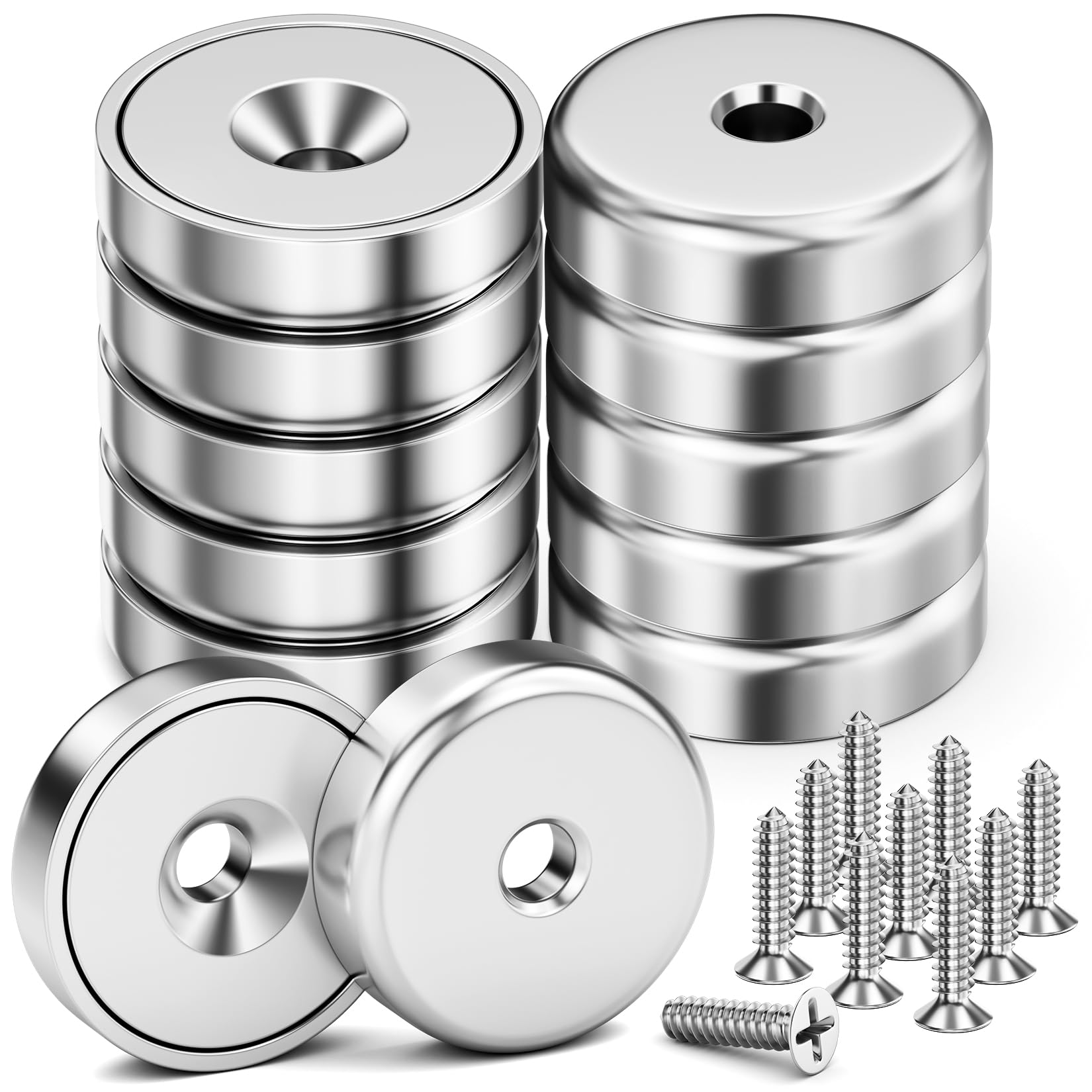 WUDIME 10 Pack 70 LBS Neodymium Round Base Cup Magnets, Strong Rare Earth Magnets with Countersunk Hole for Holding Tools Lifting Hanging, Disc Magnet