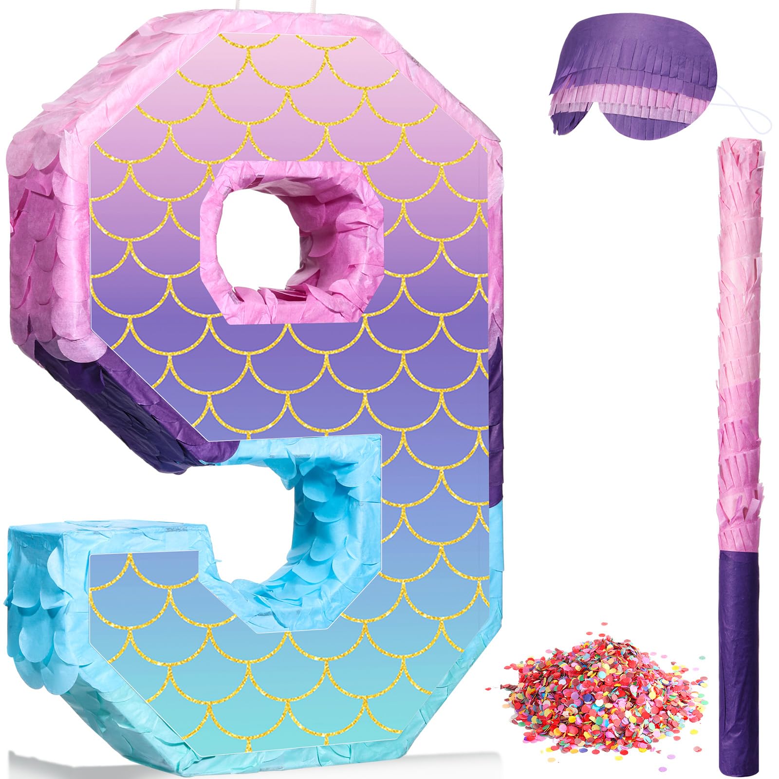 Shappy 16 Inch Mermaid Piñata Purple Number Birthday Piñata Party with Stick Blindfold Confetti for Anniversary Celebration Birthday Decoration