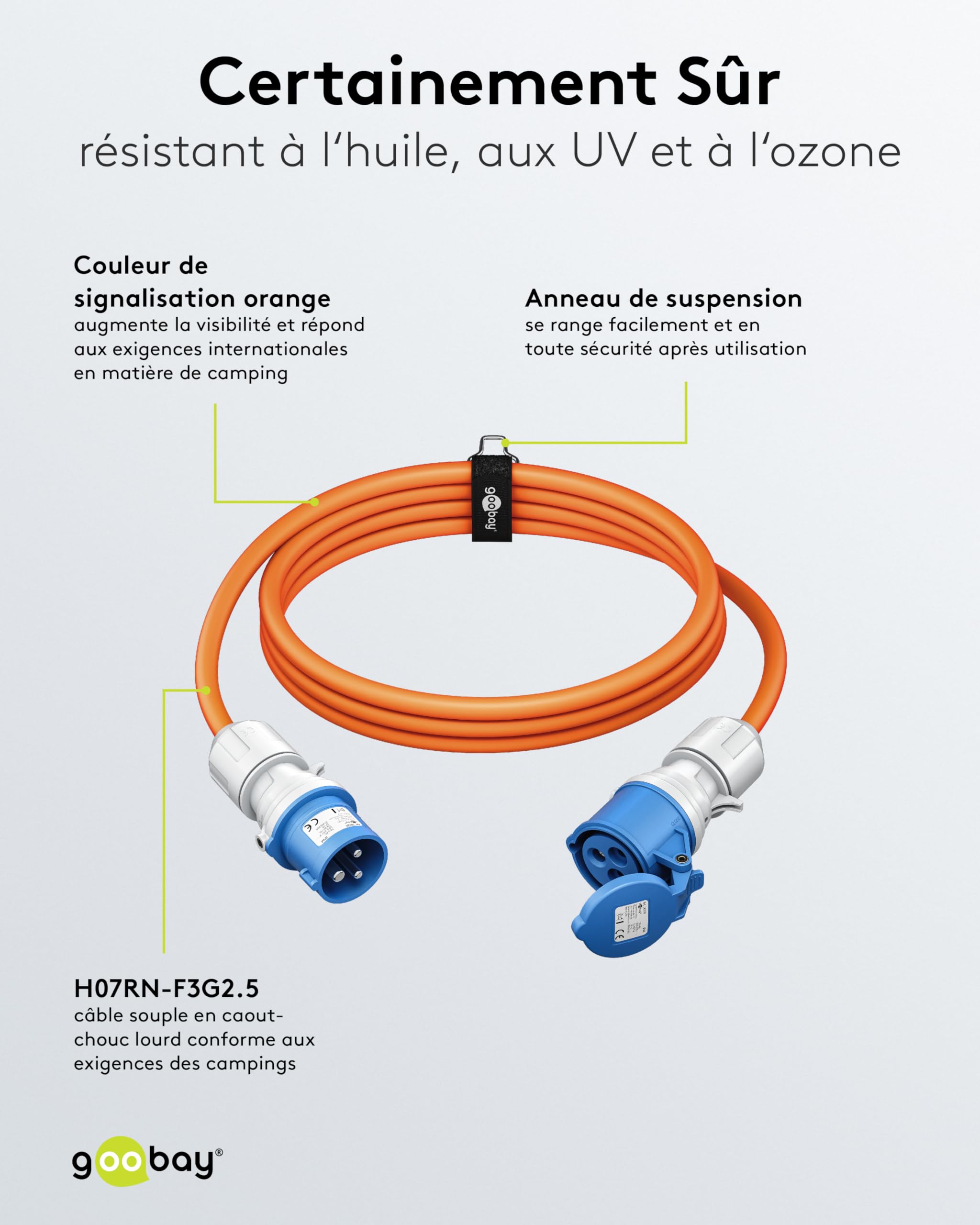 goobay Rallonge CEE pour Caravane 5 m Prise CEE vers Prise CEE avec Capuchon de Fermeture IP44 Câble pour Camping, Camping-Car et Caravane - 76228
