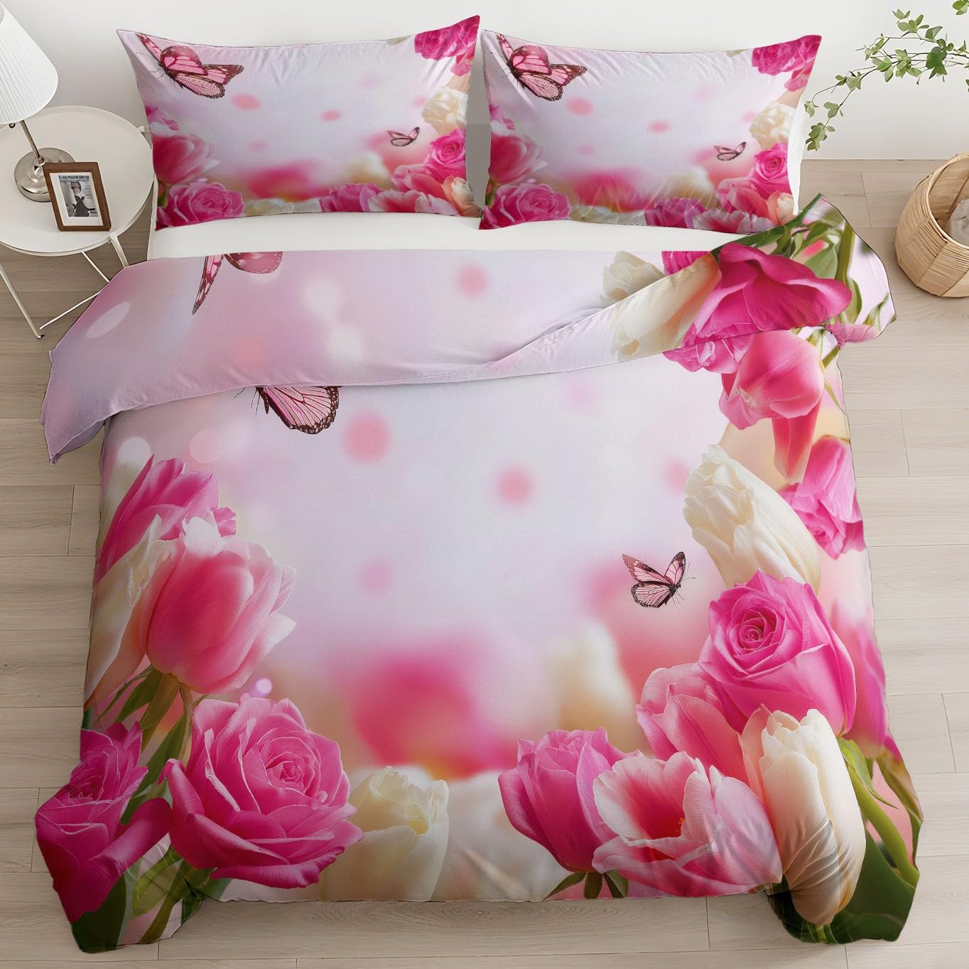 Parure de lit imprimé rose et papillon pour chambre d'enfant et ado ambiance nature romantique