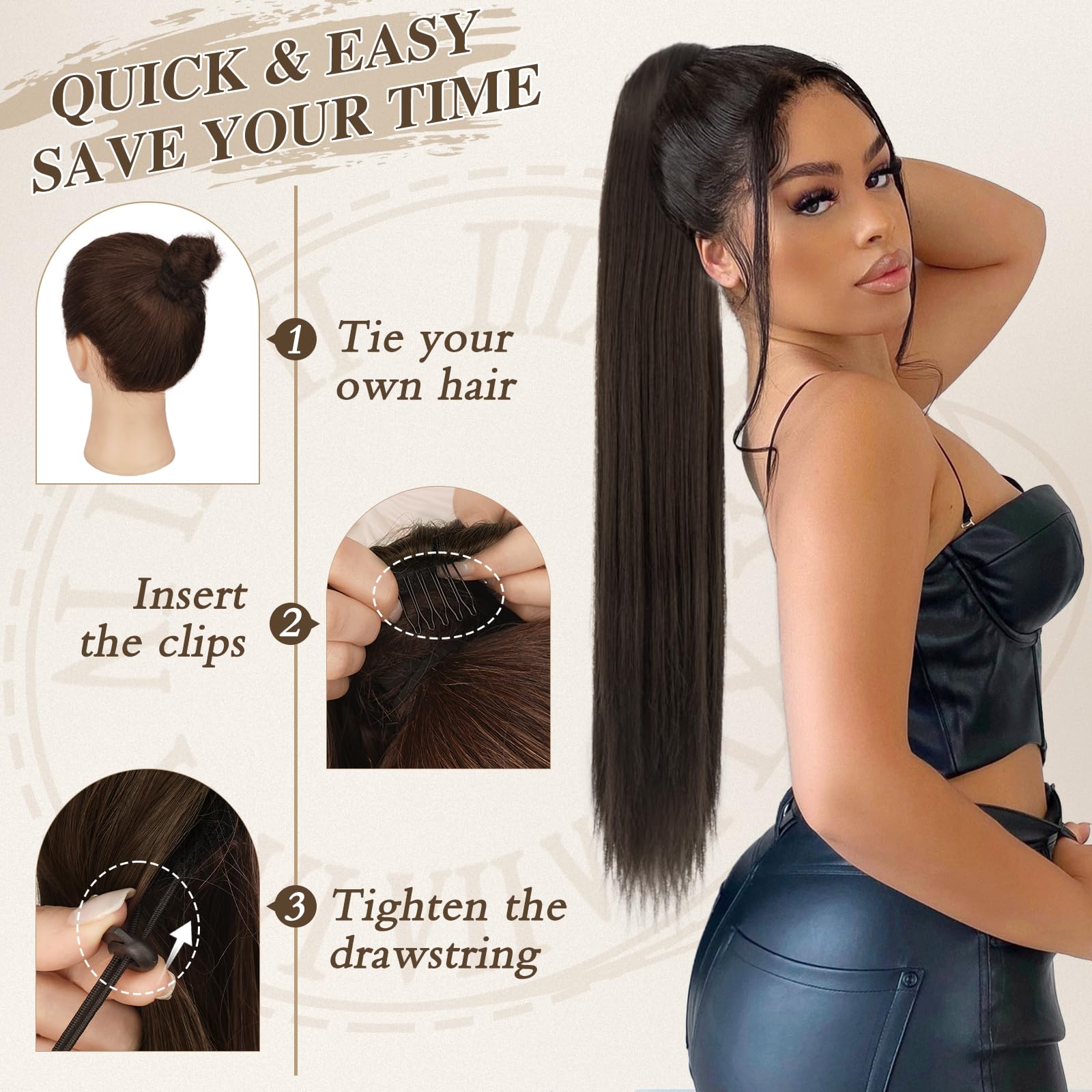 BARSDAR Coleta Postiza Pelo Largo Natural, 66cm Negro Largo Liso Cola de Caballo Extensiones Sintetico Extensiones de Pelo Coleta Clip in Ponytail Postizos para Mujer Fiesta Diaria - Negro azabache