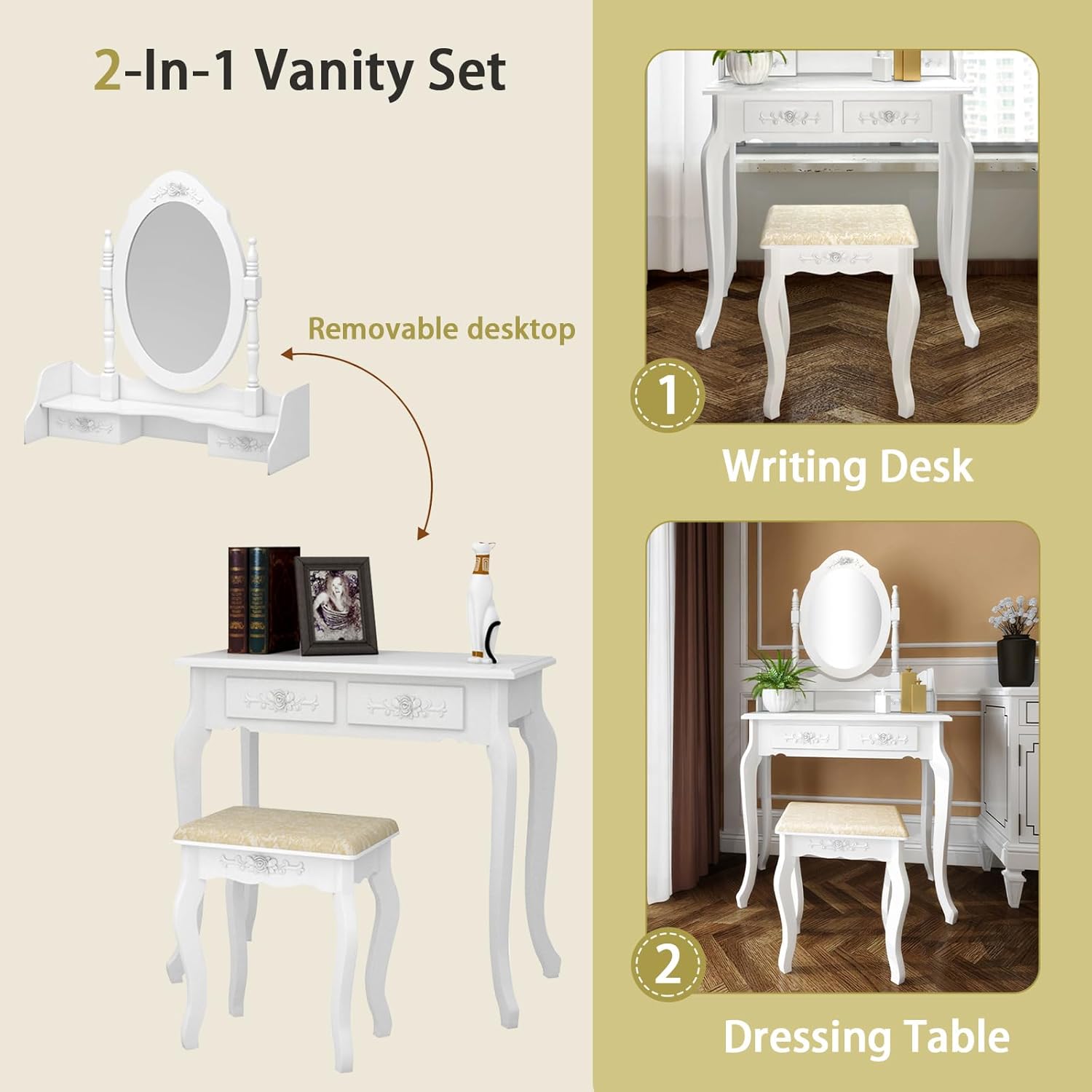 Vanity Desk Set with Rotatable Mirror,Small Makeup Vanity Table with 4 Drawers & Cushioned Stool,Vintage Dressing Table for Women Girls, White