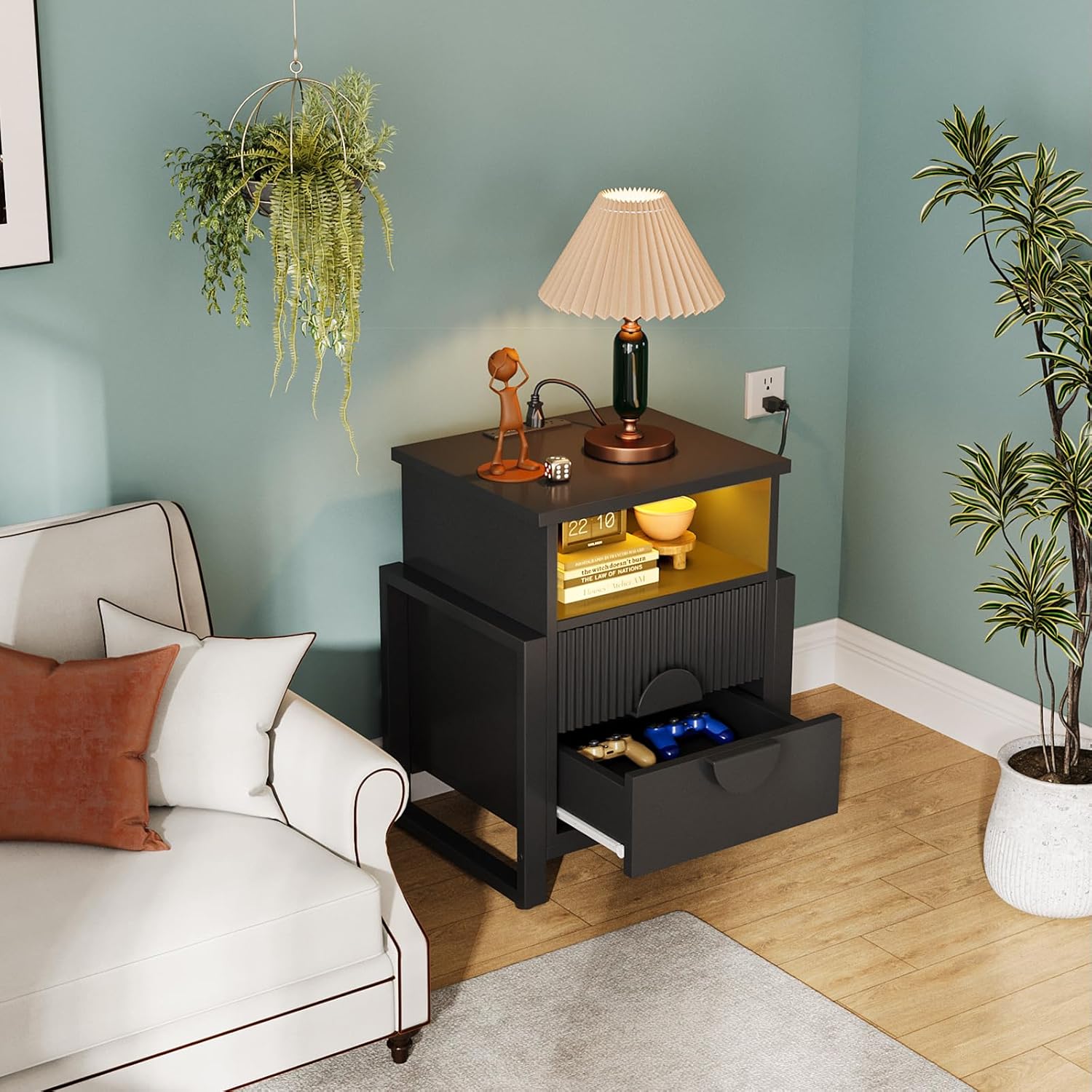 LGHM Fluted Nightstand with Charger Station Strip Lights, 20.47" W Night Stand with 2 Drawers, Large Accent Bed Side Table and End Table, Large Open Cubby Storage, Raising H Legs,Black