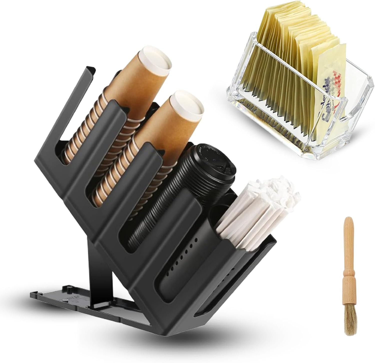 Cup and Lid Holder with Straw Organizer, Includes Sugar Packet & Cleaning Brush, 4 Adjustable Compartments, Coffee Cup Dispenser for Countertop, Cup lid organizer, Coffee Station and Breakroom
