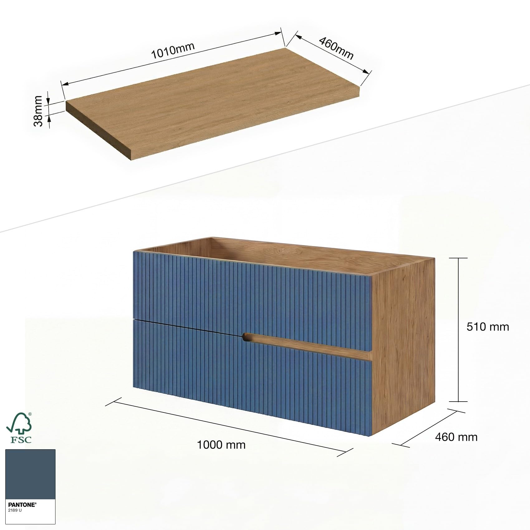 SANIVERRE EVA Meuble Vasque à Poser Suspendu L.100 cm Chêne Naturel 2 Tiroirs Bleu Mer Cannelé (sans Colonne) Salle de Bain