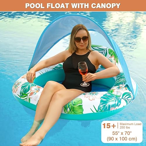 Miniatura 3 de WERNNSAI Flotador de piscina con dosel  Silla inflable de piscina con portavasos para adultos, hamaca de agua flotante para piscina, tumbona,