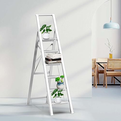 Miniatura 8 de Escalera de 6 escalones taburete plegable de aluminio ligero con práctico mango escaleras con pedal antideslizante y ancho para uso doméstico y