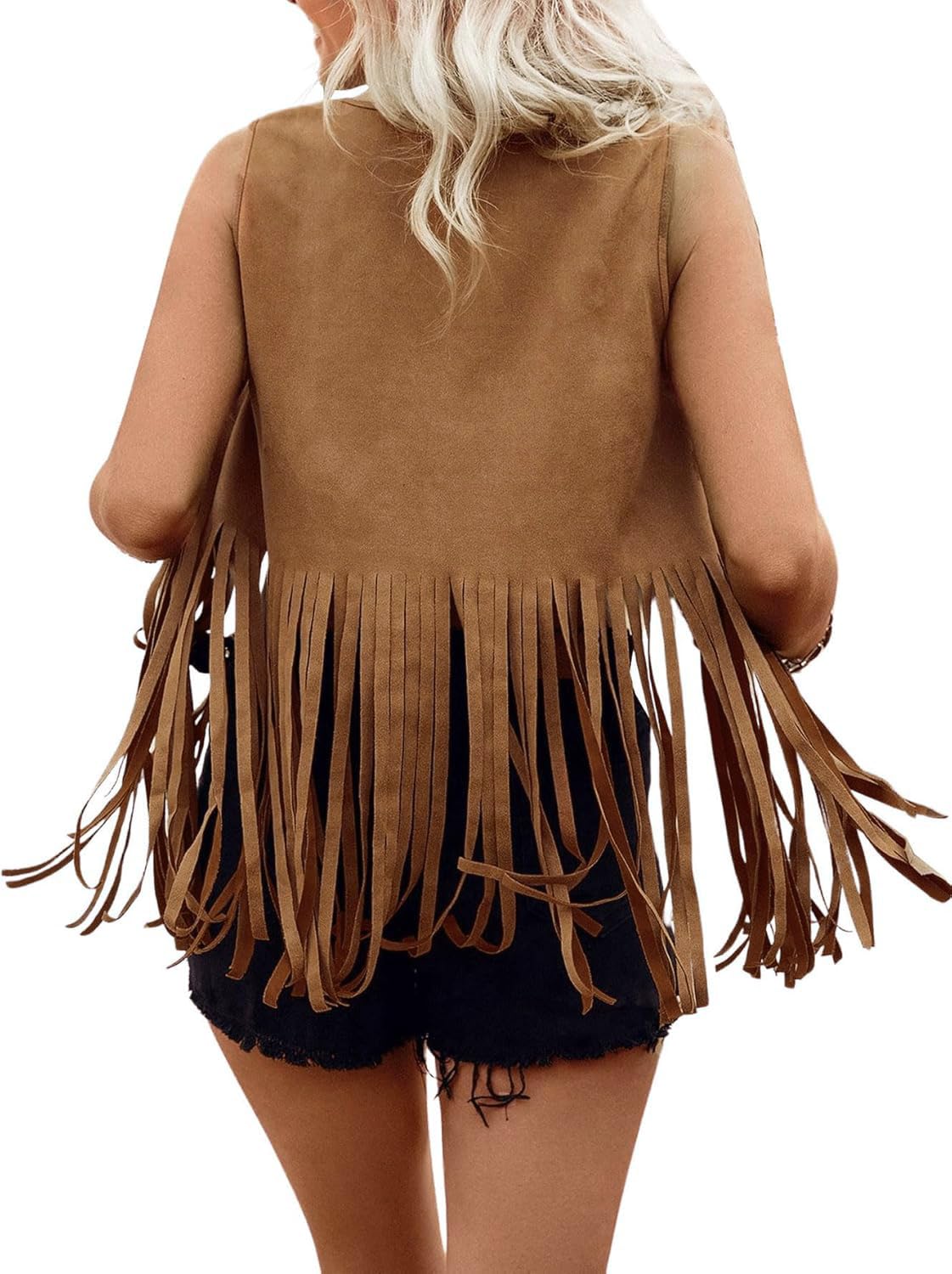 LYSINK Chaleco con borlas para mujer, estilo hippie de los años 70, vaquera, occidental, de gamuza sintética, sin mangas, con flecos, ropa de calle