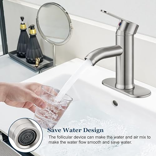 Miniatura 4 de Grifo de fregadero de barra de baño de acero inoxidable 304 de níquel cepillado, lavabo de una sola manija con línea de suministro, mezclador de