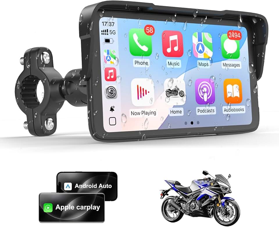 Tela sensível ao toque CarPlay HD para motocicleta, sistema de navegação GPS para motocicleta com Apple Carplay e Android Auto, IP67 impermeável, suporta configurações de pressão dos pneus, Bluetooth