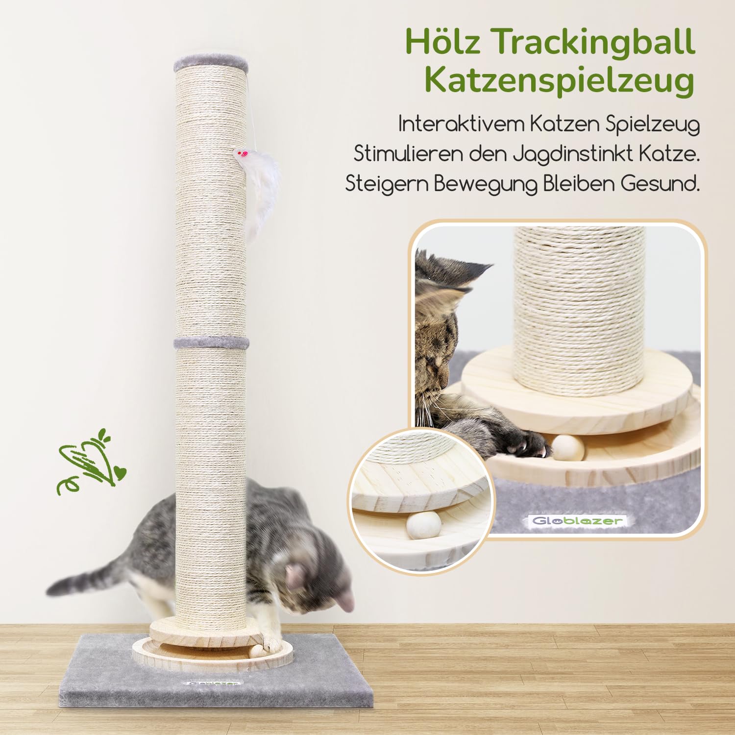 Globlazer Kratzstamm XXL, Kratzsäule Groß Stabil hoch 90 cm & 50 cm 2 IN 1 Einstellbar mit Große Basis Dicker Stamm Sisal Plüschball Holz Trackingball, Kratzsäulen für Große Katzen (SC35, Hellgrau)