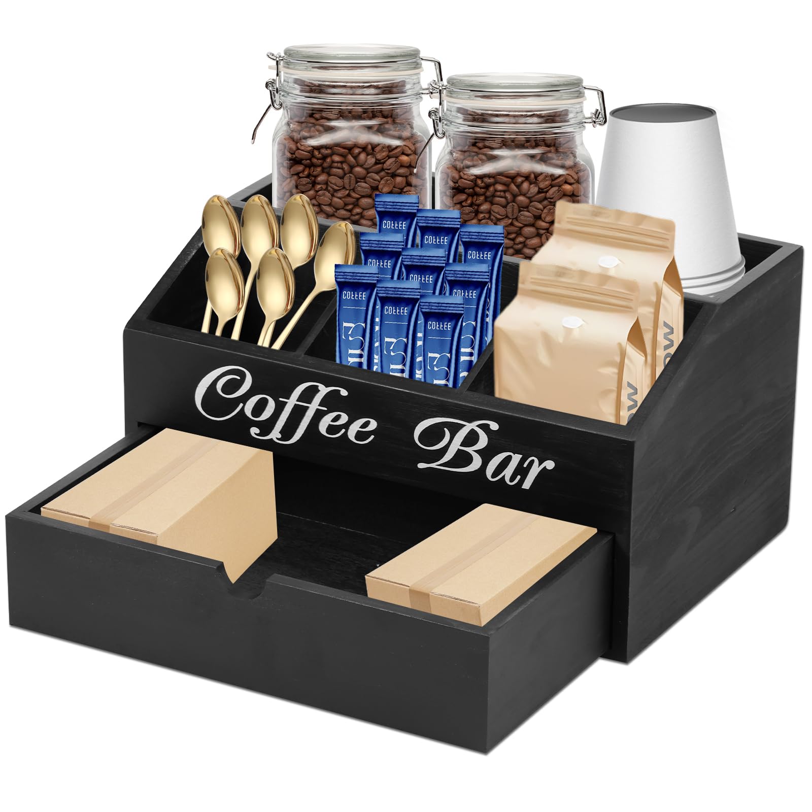 Sutowe Black Coffee Station Organizer With Draw 5 Compartment Tea Chest Box Coffee Bar Accessories Caddy Wood Vintage Coffee Pods Holder Coffee Condiment Storage Bin For Countertop Sugar Packet Sweeteners(Black)