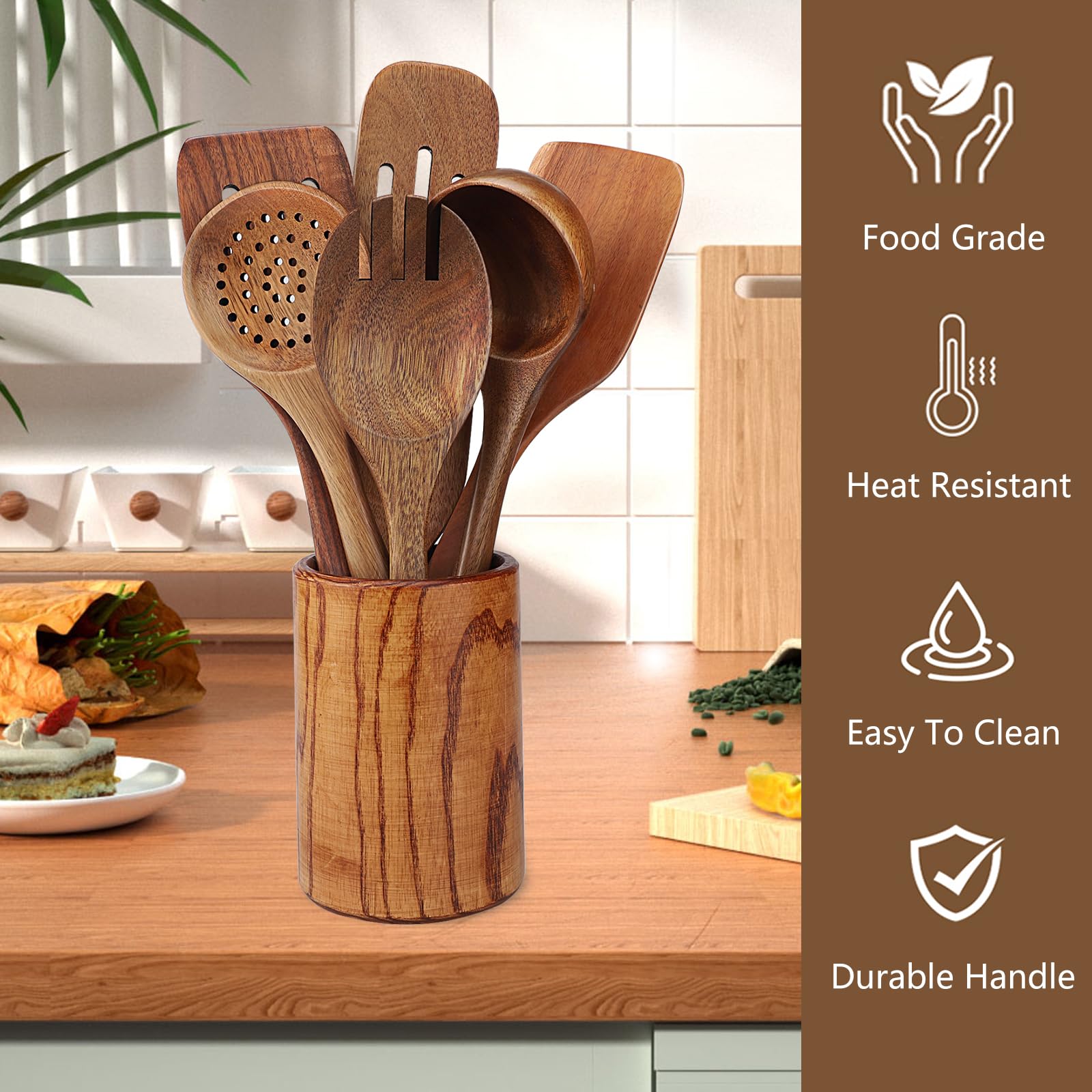 Set Di Utensili Da Cucina In Legno Pakkawood - 7 Pezzi Con Poggiamestolo - Adatti A Pentole Antiaderenti - Regalo Inaugurazione Casa