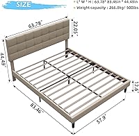 Vista 2 de Base de cama moderna de plataforma tapizada de tamaño Queen, marco de cama de lino con luces, cabecera ajustable con costuras cuadradas, sistema