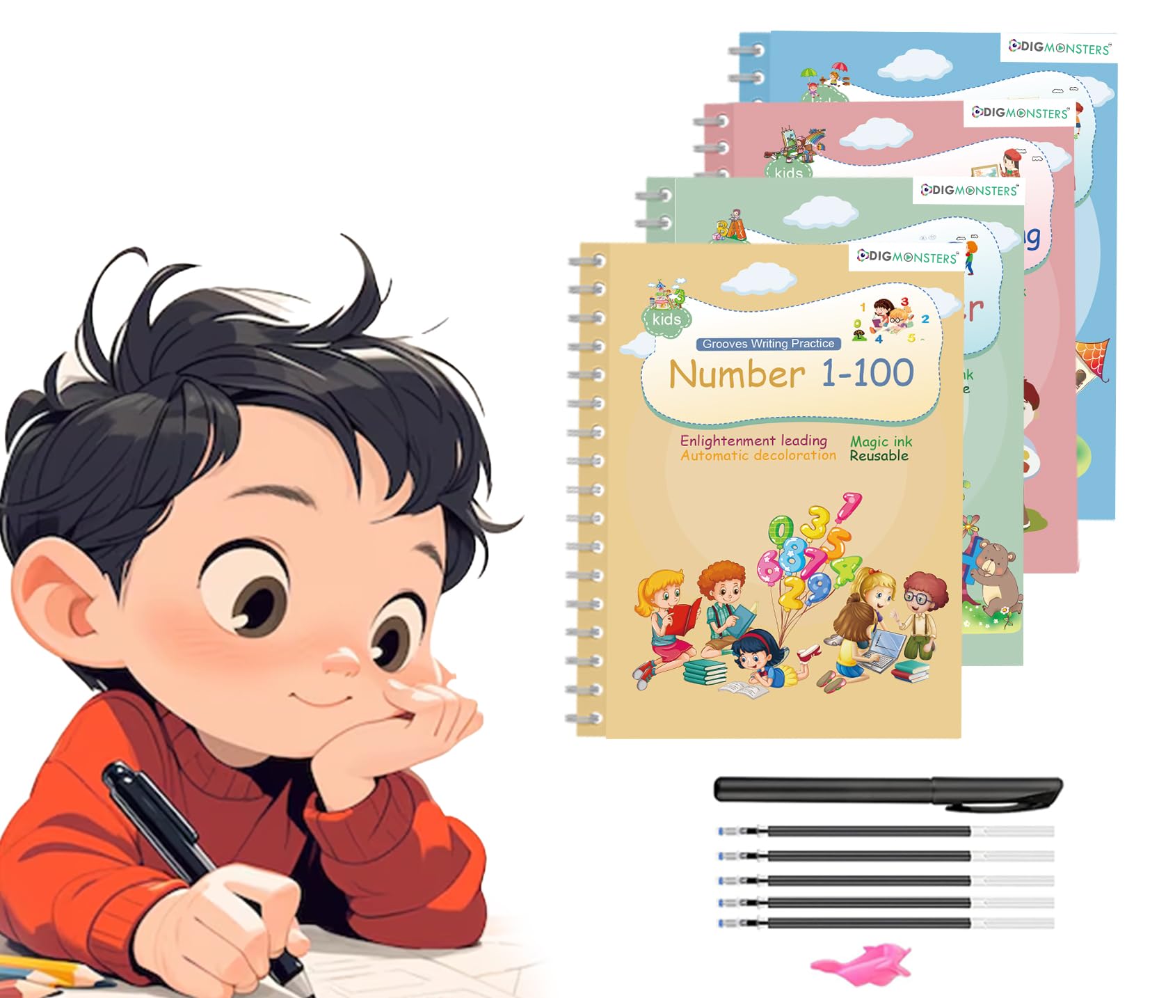 DigMonster Magic Practice Copybook, Reusable Writing Practice Book, for Preschool Kids Age 3-8 ​Calligraphy 9.44in×6.29in (4 Books with Pens)