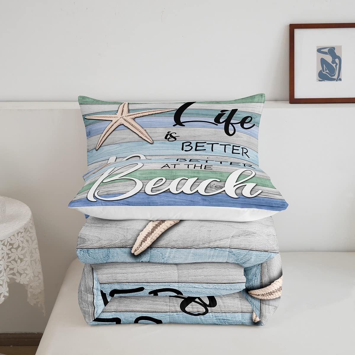 Erosebridal Beach Theme King Comforter Set,Cute Starfish Bedding Comforters & Sets Sea Ocean Themed Duvet Coastal Sealife Quilt Comforter,Vintage Rustic Farmhouse Decor Colorful Striped Bedroom Decor
