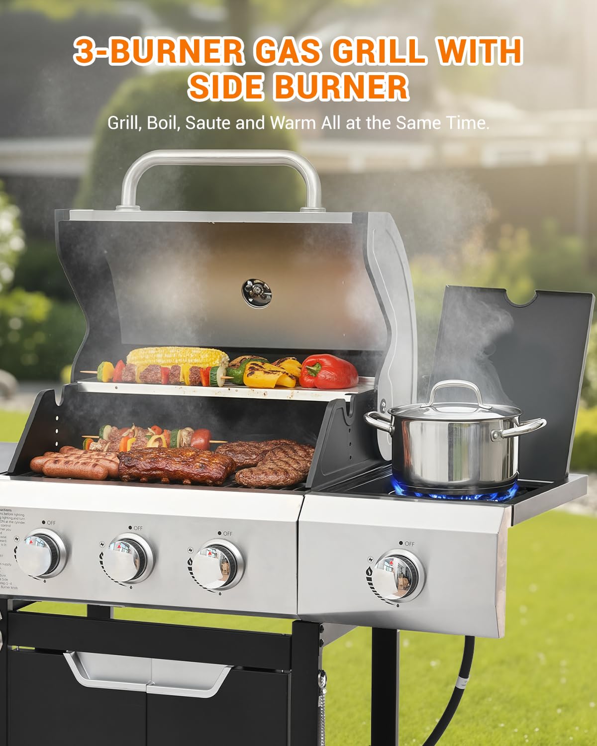 EUHOME 40,500 BTU 3-Burner Propane Gas Grill with Side Burner,Stainless Steel Outdoor BBQ Grill Portable with Wheels and Cast Iron Grates for Patio Garden Barbecue Cooking - 4