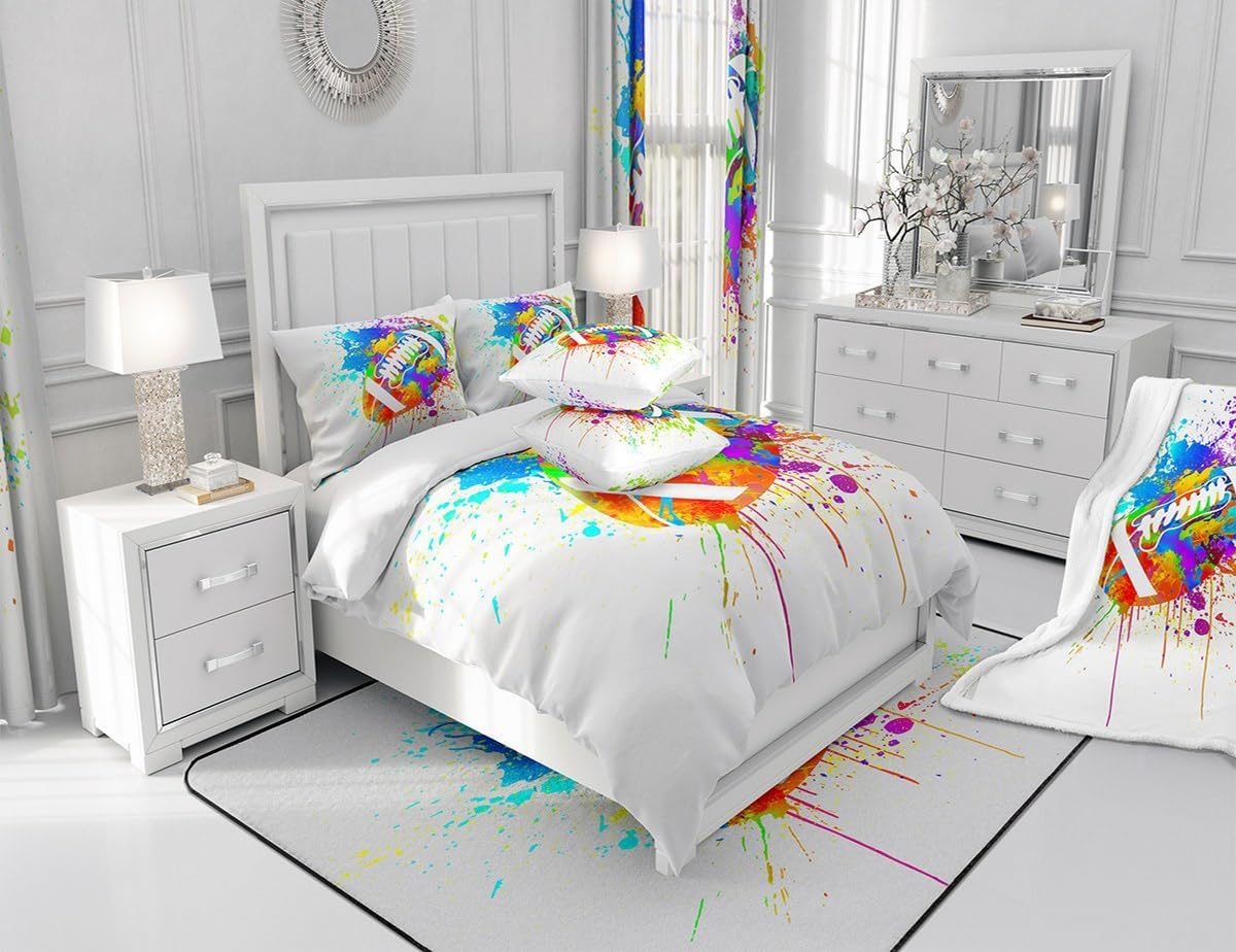 Waterclor Football Sports Bedding Set,Colorful Tie-dye Duvet Cover for Teens,Kids American Football Comforter Cover Decorative Room,Children Hippie Graffiti Quilt Cover with 2 Pillowcases,Full Size