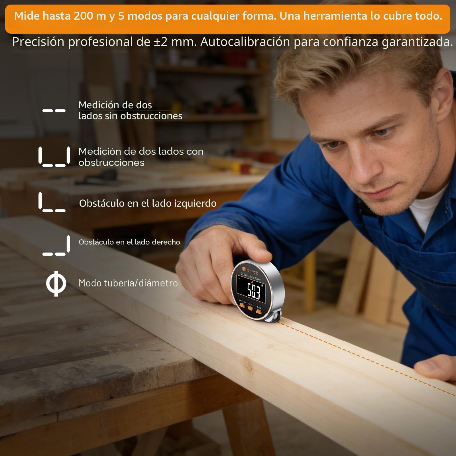 Neoteck Cinta Métrica Digital 656Ft/200M Regla Rodante Electrónica con Pantalla LCD y 5 Modos de Referencia Regla Digital Recargable para Medir Superficie Plana, Curva, Diámetro y Forma Irregular