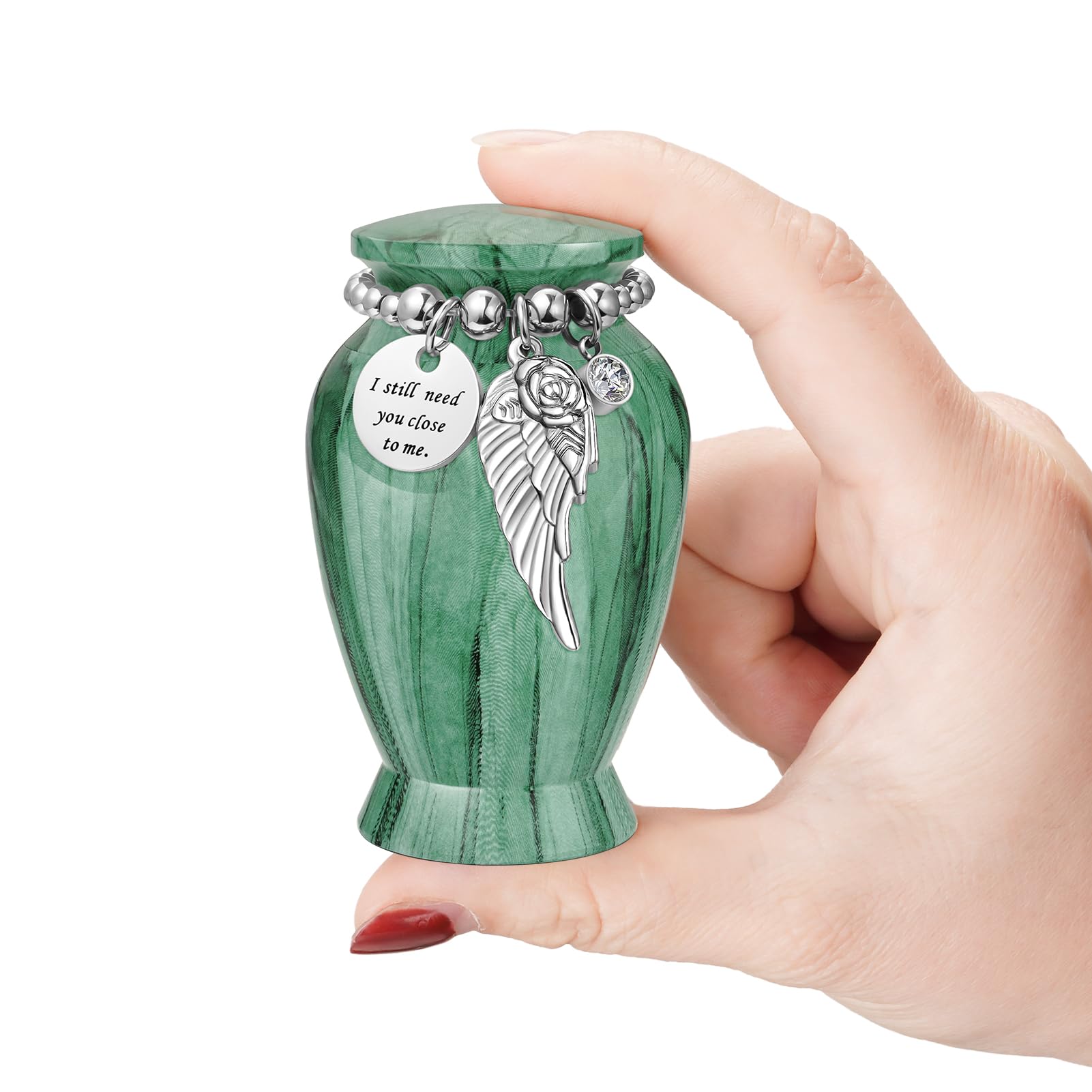 Memorials Small Urns for Human Ashes Keepsake Aluminum Mini Urns for Ashes with Angel Wing Charm Decorative Burial Urn Funeral Cremation Urns for Women and Men (Banded Green)