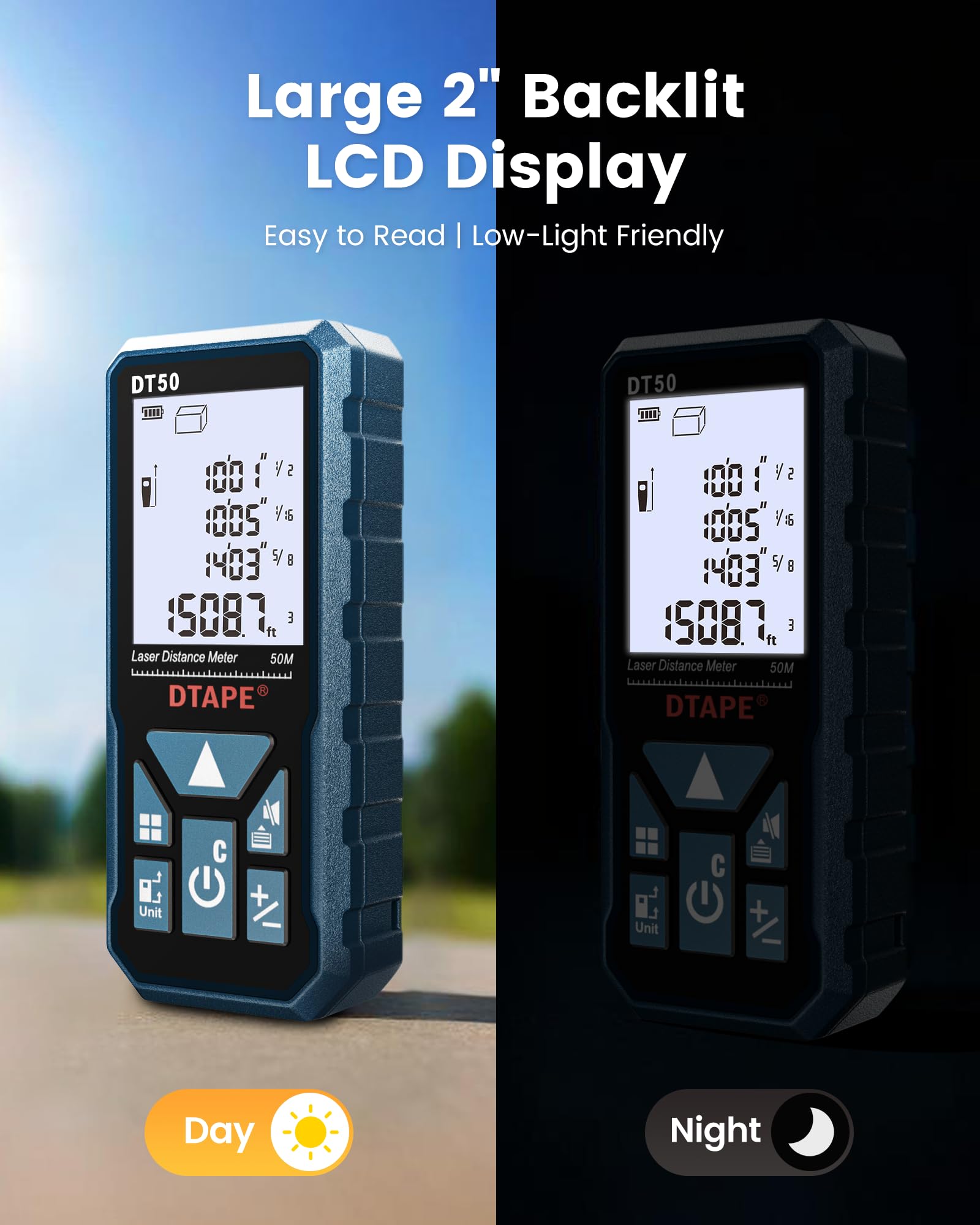 Laser Measure 165ft, DTAPE DT50Laser Distance Meter 50M, Portable Handle Digital Measure Tool Range Finder, Larger Backlit.
