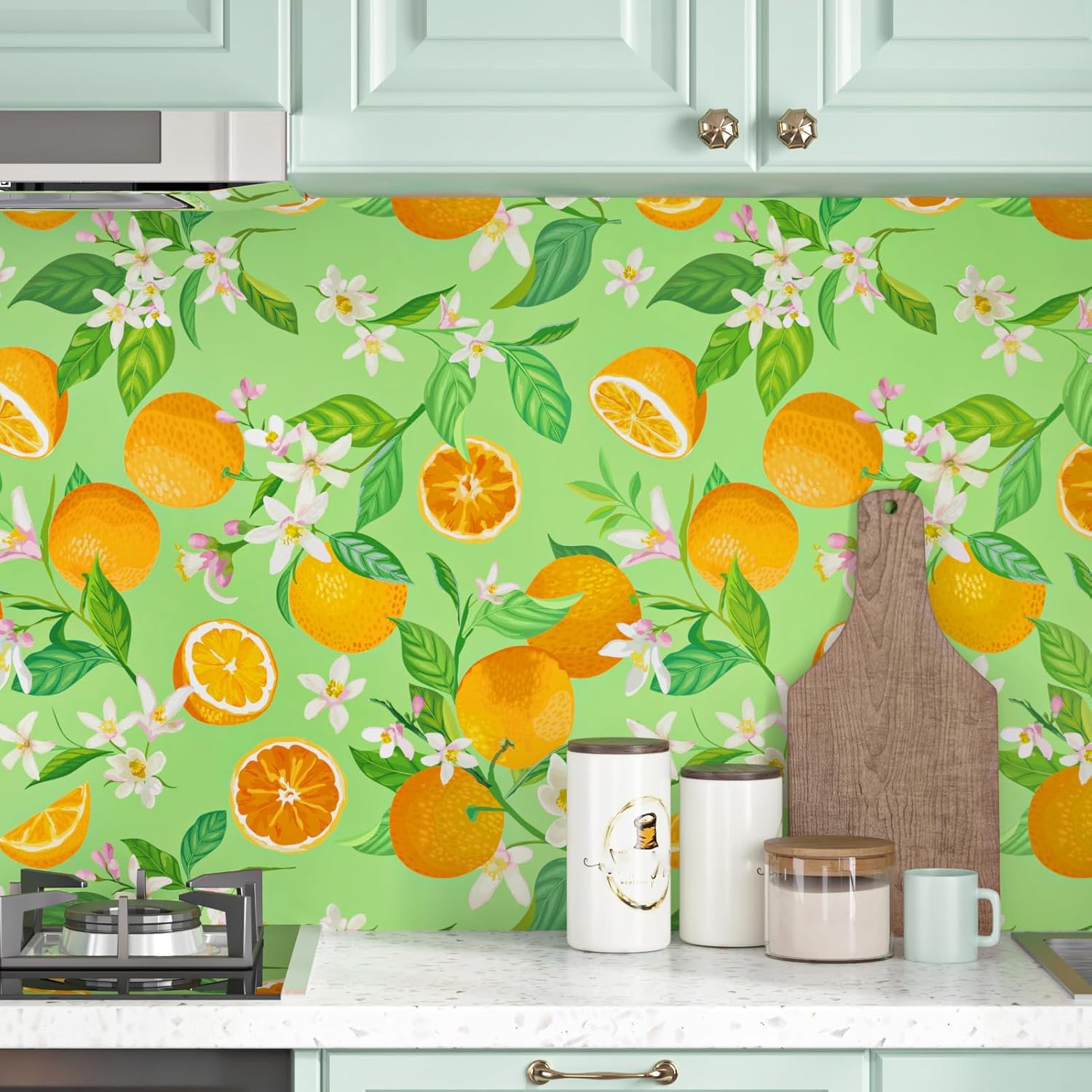 Green Orange Fruit Wallpaper Green Print Self Adhesive Fun Floral Peel and Stick Wallpaper Removable Texture Contact Paper for Cabinets Bathroom Table Kitchen Backsplash Bookshelf 17.5"x102"