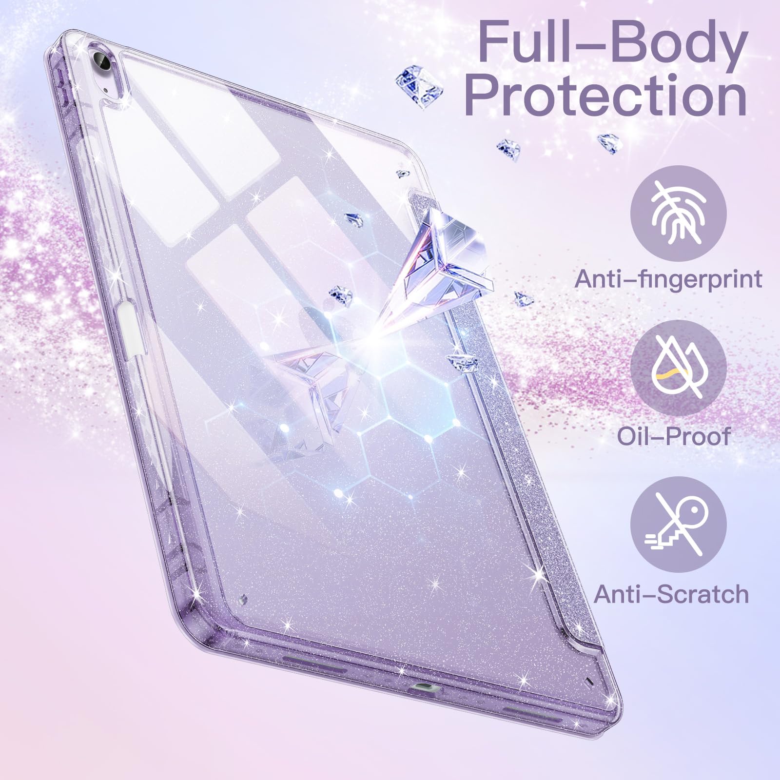 JETech Glitter Etui do iPad Air 11 Cala M4/M3/M2 (2026/2025/2024), iPad Air 5/4 (2022/2020 5./4.) z Pencil Uchwyt, Urocze Błyszczące Szczupły Osłona dla Dzieci i Dziewcząt (Fioletowy)
