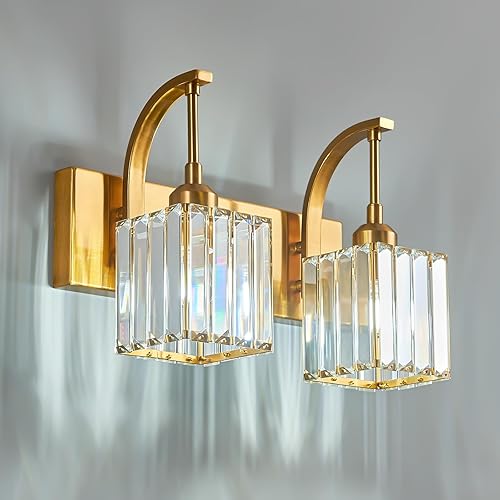 Luces de tocador de cristal, lámpara de pared dorada de 2 luces, moderna lámpara de baño de cristal sobre espejo de 13.77 pulgadas de largo, aplique