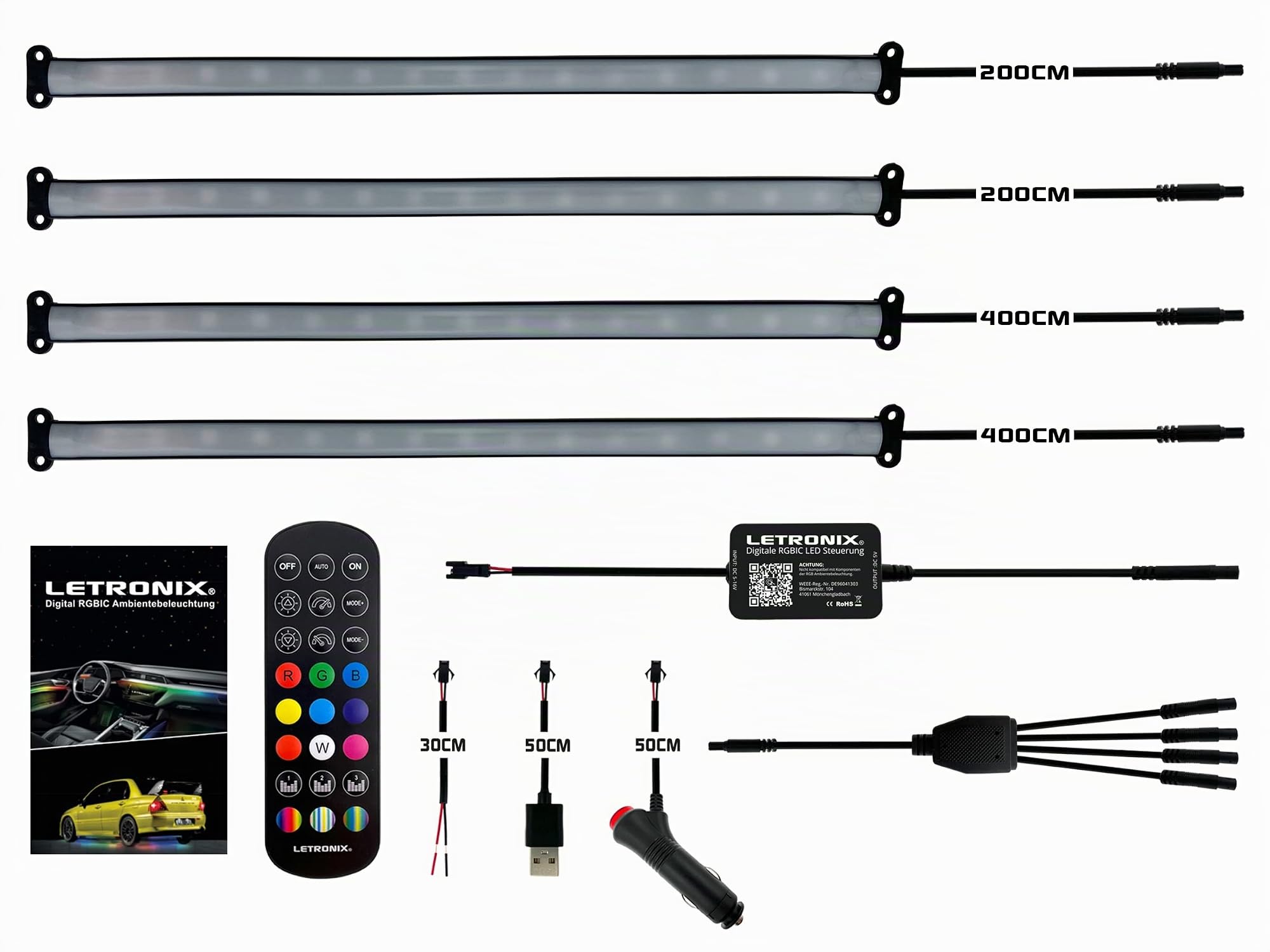 RGBIC RGB Full LED Rainbow Auto Ambientebeleuchtung (Für Fußraumbeleuchtung Set mit 4X LED Leisten) mit APP Steuerung und Fernbedienung