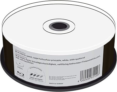 MediaRange BD-R 25GB 6x Write Speed, Full Surface Printable Inkjet Printer, Fully Metallised, 25 Cake Box