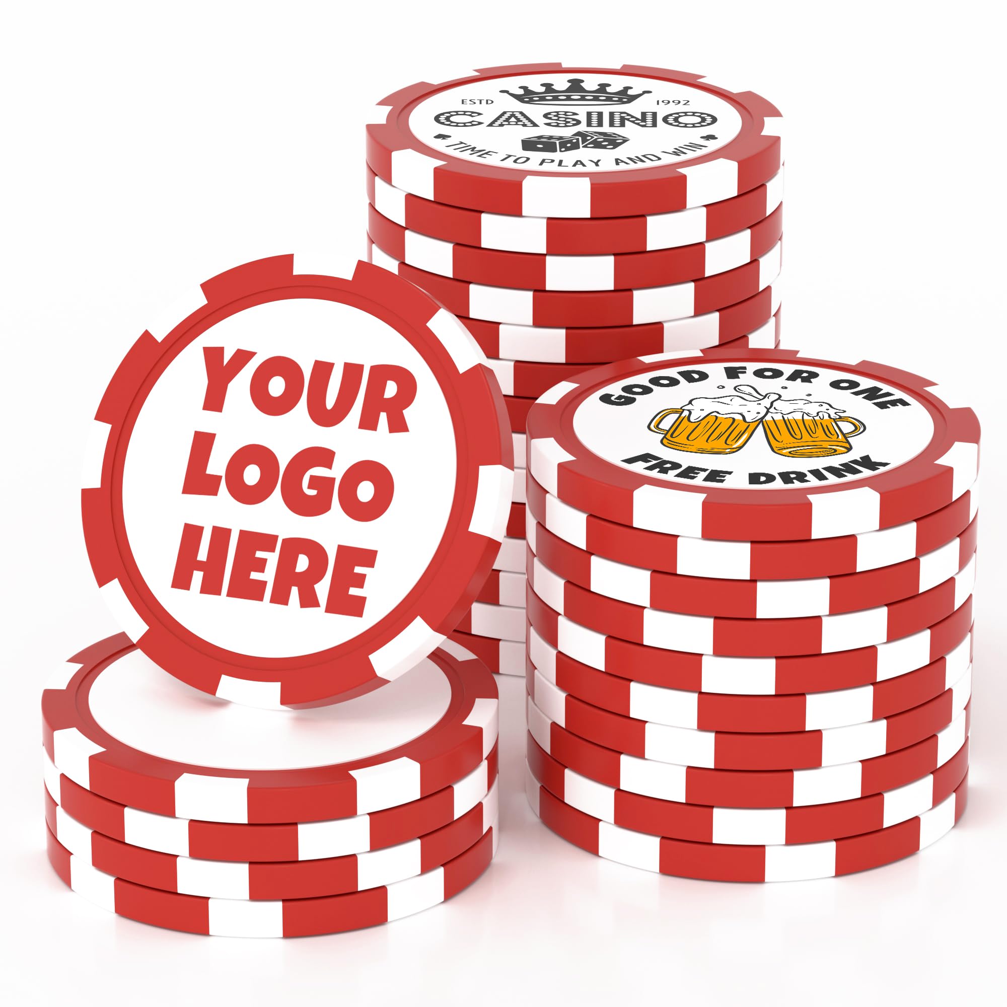 MANBATTLE 25 Custom Clay Poker Chips, 40mm Heavy 11.5 Grams Casino Sized Personalized Poker Chips with Logo or Text, Customized Drink Tokens for Bar, Party, Business Card, Golf Club or Events (Red)