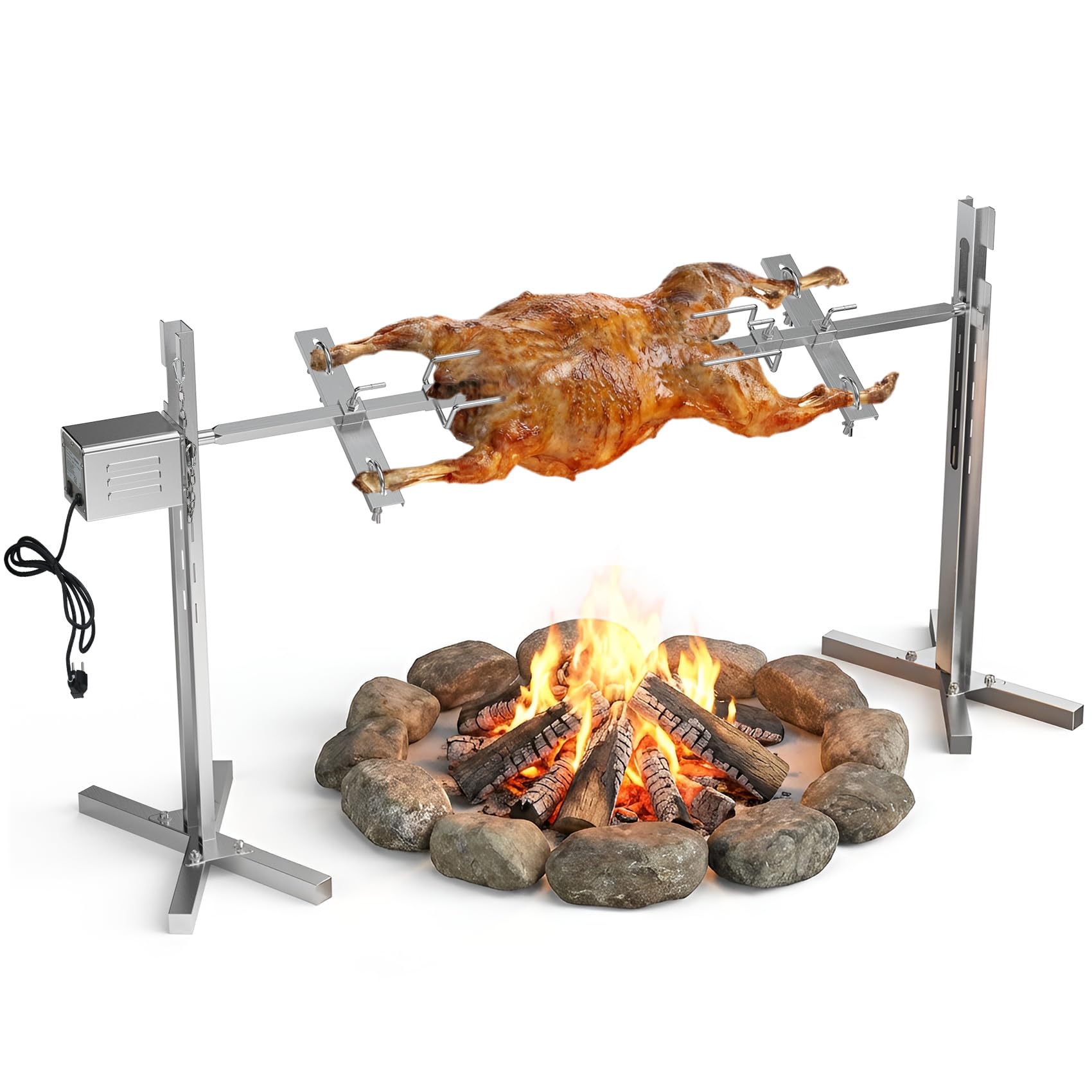 Spanferkelgrill mit Motor 60kg Belastbarkeit, Elektrischer Grillspieß Edelstahl mit 5-Stufig Höhenverstellbar, Spießbratengrill für Lamm, Schwein & Outdoor BBQ Gartenparty
