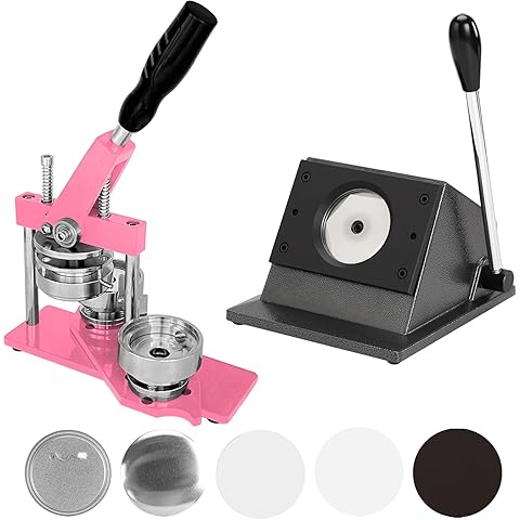 2.28x2.28in Round Fridge Magnets Badge Maker Machine DIY Photo Refrigerator Sticker Magnet Press Machine+Paper Cutter+100pcs Materials (Pink)