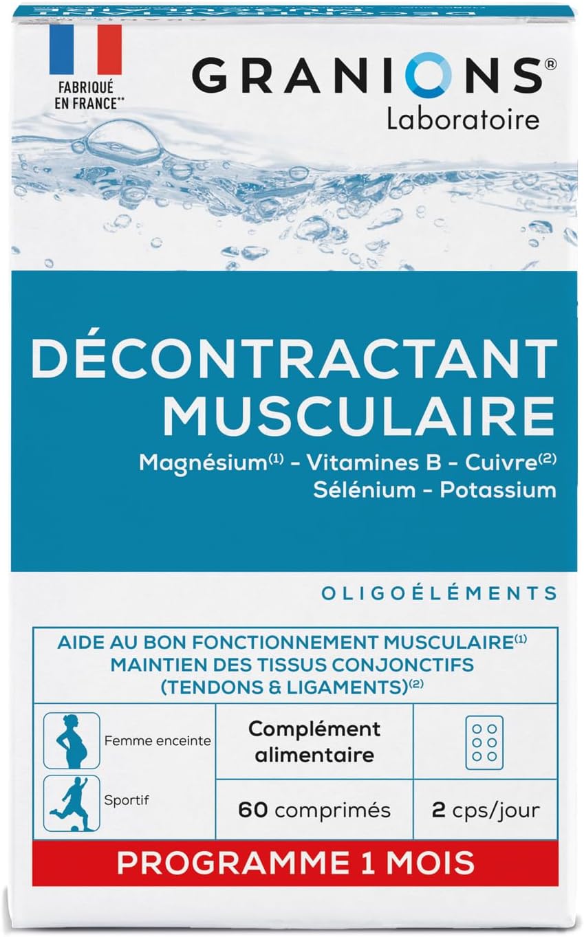 GRANIONS Ontspannend spierkrampen, ongemak, spierstijfheid Magnesium, Vit B, koper, selenium, kalium Voor het hele gezin Gemaakt in Frankrijk 60 tabletten