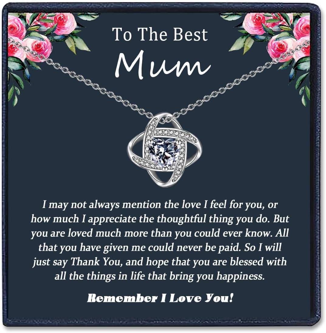 EPIRORA Gifts for Mum Stepmum Daughter Sister Wife Girlfriend, Dainty Silver Cubic Zirconia Love Knot Pendant Necklace Gift for Women, 40+5cm