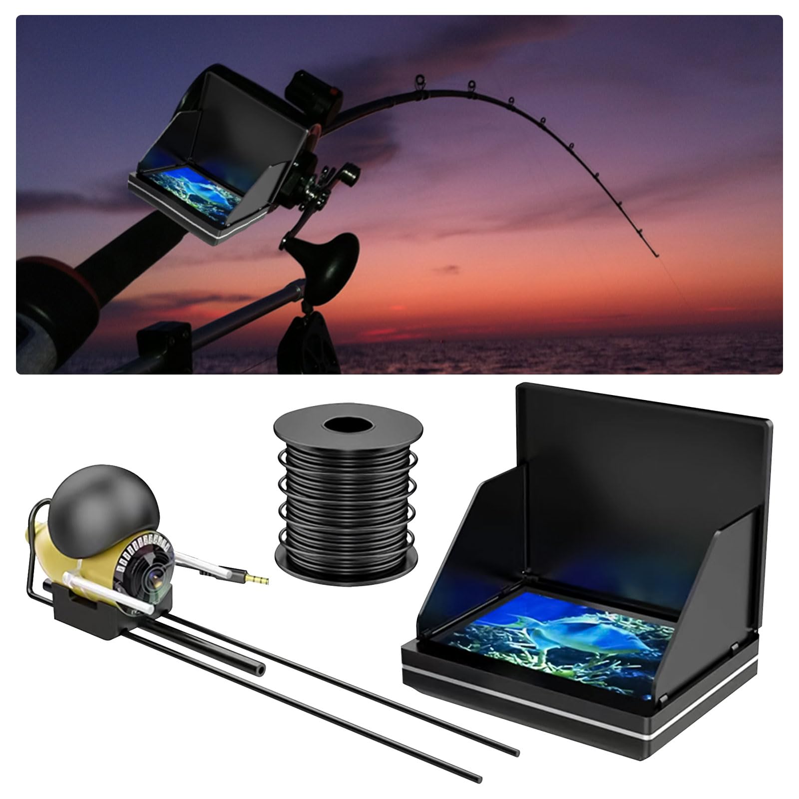 Cámara de pesca subacuática, monitor LCD de 5 pulgadas, buscador de peces HD, cámara subacuática impermeable, kit de cámara subacuática de visión nocturna con cable de 30 m para lago de hielo, barco,