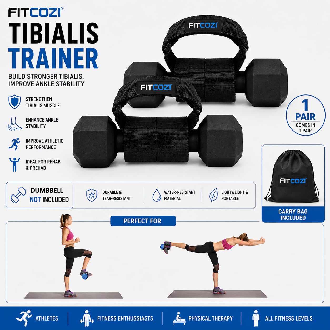 Fitcozi Tibialis Trainer, 2pcs Adjustable Weight Dumbbell Ankle Strap, Tib Bar Foot Attachment for Knees Over Toes Tibia Dorsi Calf Machine, Leg Curl Kickback, Strength Training for Men and Women