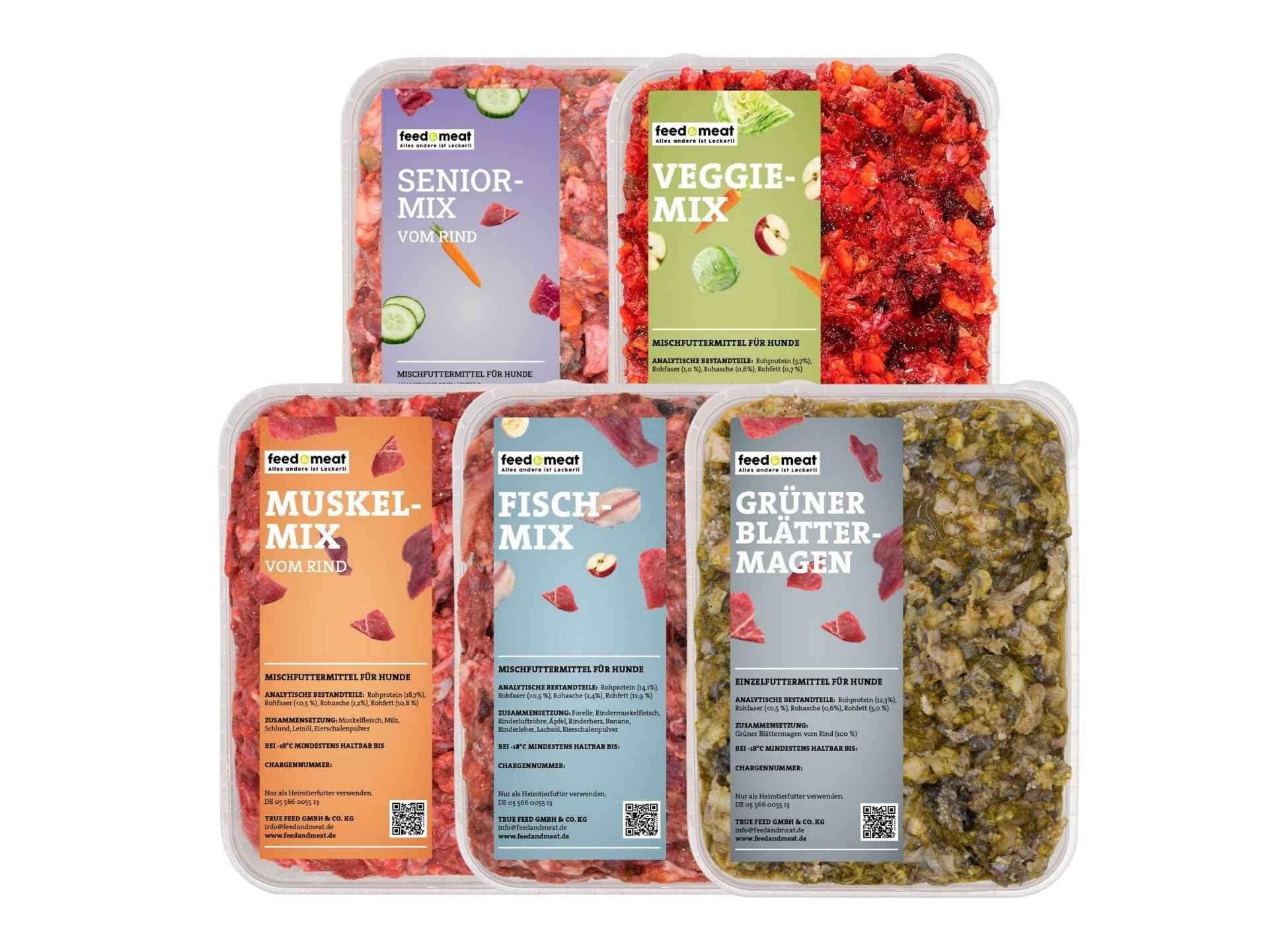 Barf-Seniorpaket – 22 Schalen Frostfutter – Speziell für ältere Hunde mit Kräutern, Ölen und Gemüse sowie Obst in den Fertigmixen