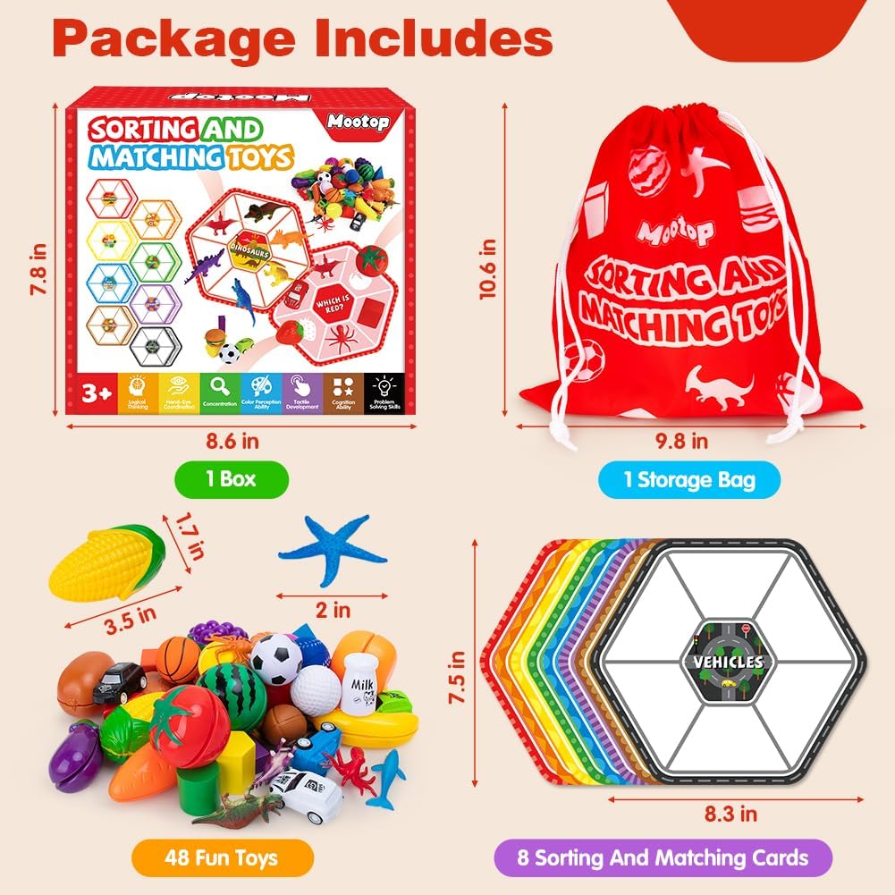Sorting Toys for Toddlers, 48 Toys Sorting Matching Playset Sensory Toys for Kids, Match Card Sort Game Set with Storage Bag, Multiple Theme Box Preschool Educational Learning Fine Motor Skills Games