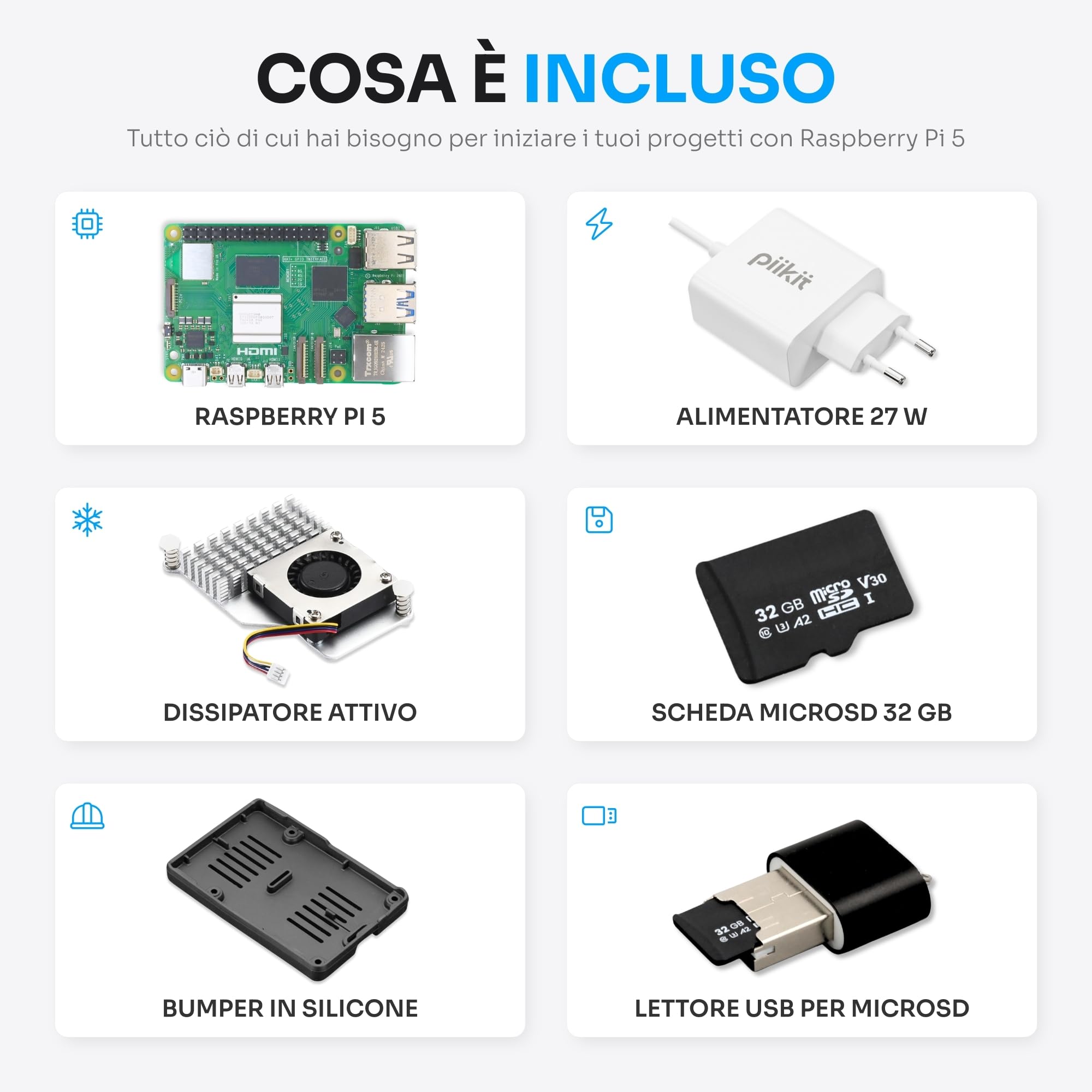 Starter Kit per Raspberry Pi 5 2 GB - Server Edition | Scheda MicroSD 32 GB | Alimentatore 27 W | Active Cooler | Bumper in Silicone