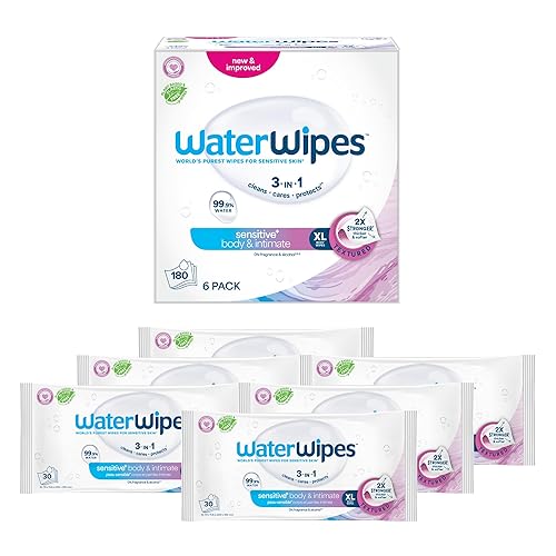 WaterWipes Sensitive+ Toallitas húmedas para el cuerpo y las íntimas, 3 en 1, limpia, cuida, protege, 99.9% de agua, sin perfume e hipoalergénicas,