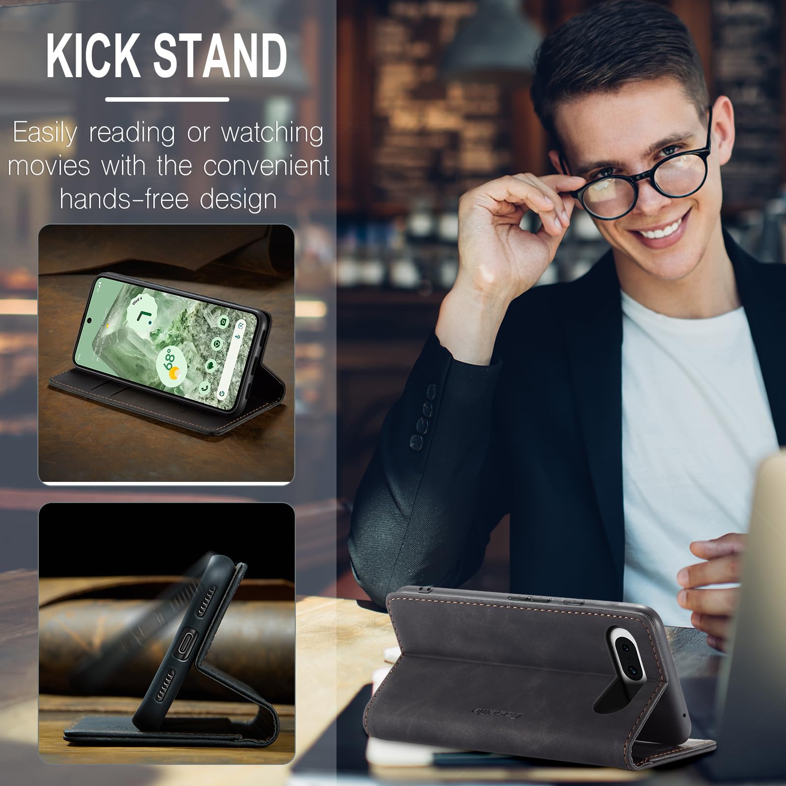 Azororo Cover per Google Pixel 8A 5G, Premium PU Pelle Custodia, Magnetica Carta Fessura Portafoglio Case, Flip Cavalletto Custodia per Google Pixel 8A - Nero