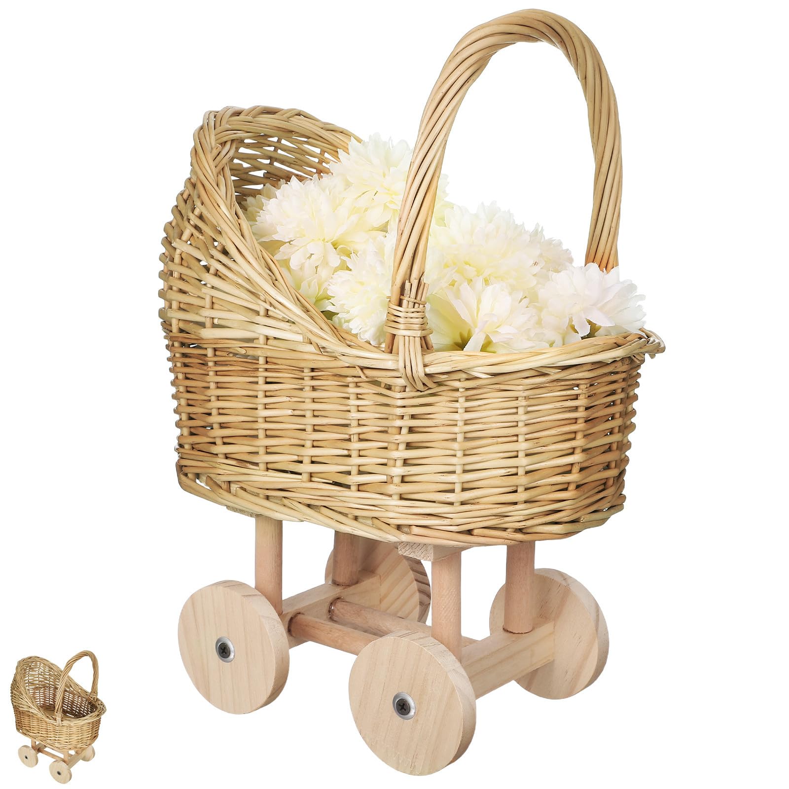Cabilock Handgeflochtener Rattankorb Mit Griff, Kinderwagenförmiger Blumenkorb Für Blumenmädchen, Korb Für Hochzeitsdeko, Babyparty Geschenkekorb, Dekorativer Blumenkorb