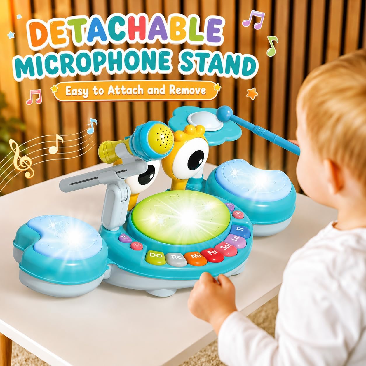 Kids Drum Set for Toddlers 1-3, Baby Drum Set Musical Toys with Light Up Microphone & 2 Sticks, Musical Instruments Montessori Learning Toys for 1 Year Old, Birthday Gift for Boys Girls image 2