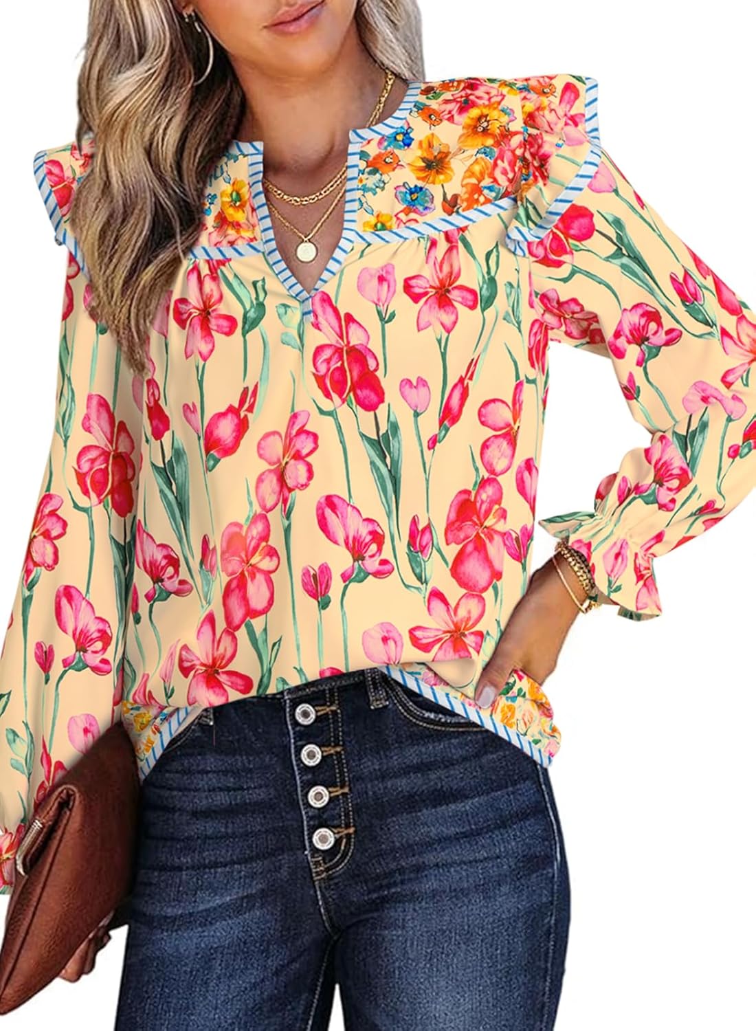 SHEWIN Women's Blouses Split V Neck Mixed Floral Print Long Sleeve Chiffon Fall Tops Striped Trim Shirts - Image 5