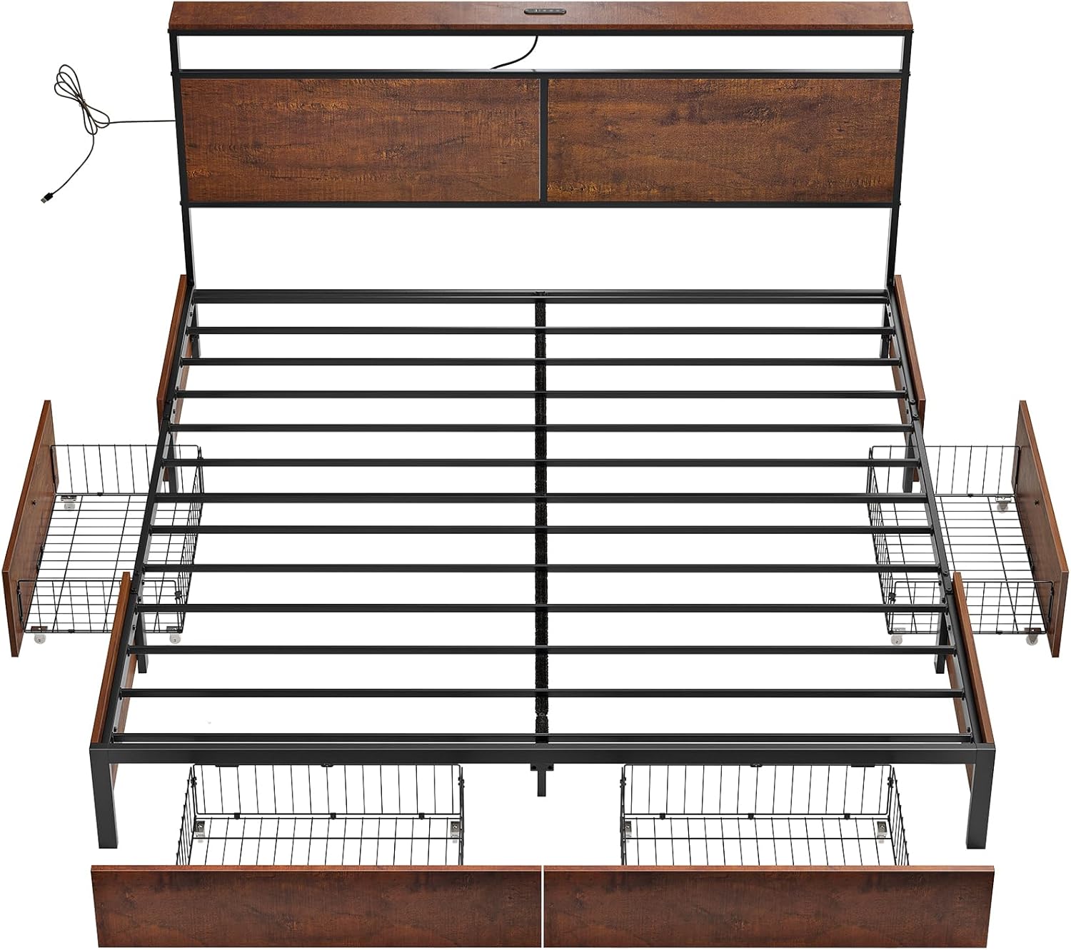 HAUSOURCE King Bed Frame with 4 Storage Drawers Metal Platform Bed Frame King Size with Headboard Charging Station LED Lights Non-Slip Without Noise No Box Spring Needed