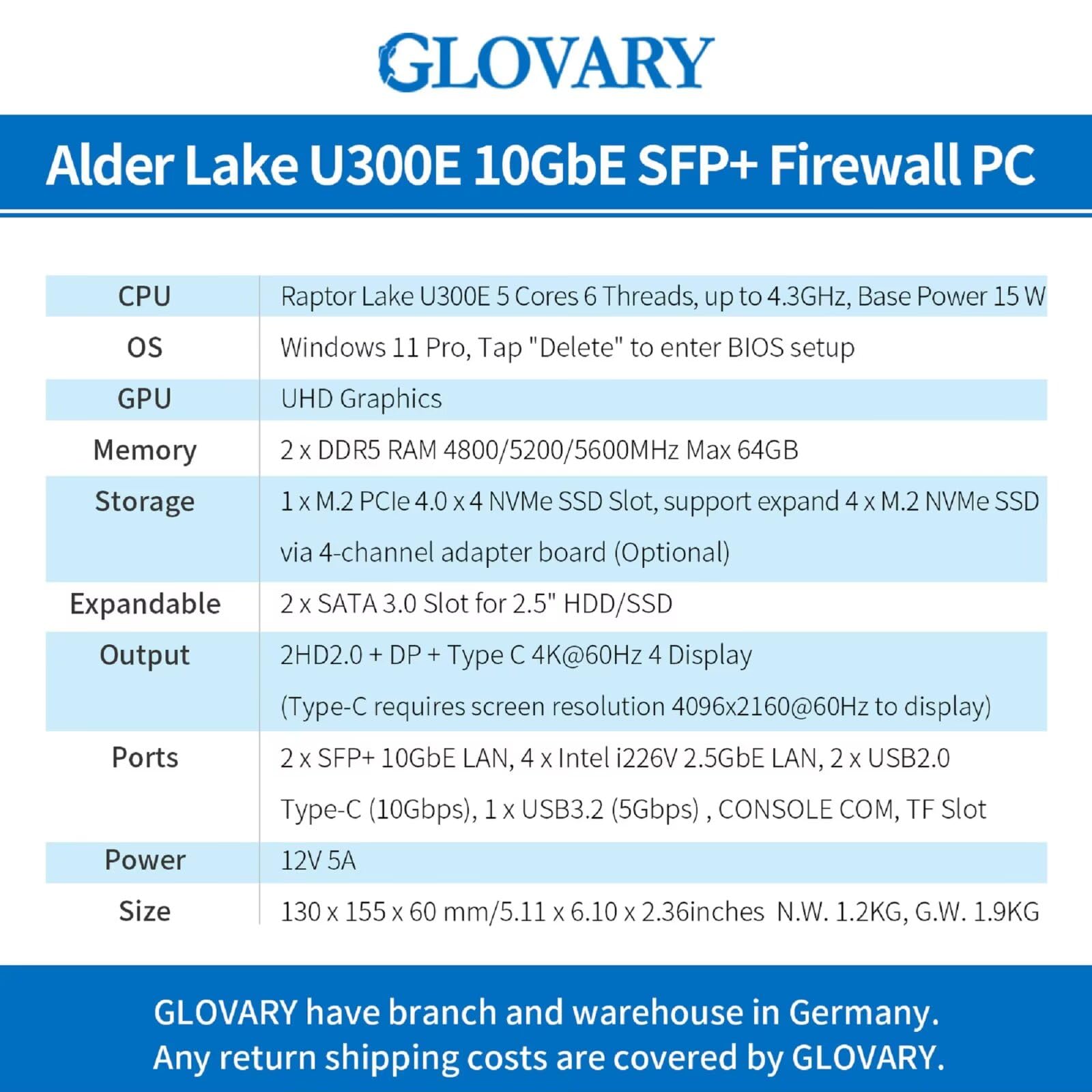 Micro Firewall Appliance 13th Gen U300E, Dual 10GbE 82599ES SFP+ Mini PC Router, 4 x 2.5GbE LAN Home Server, Barebone, TypeC 10Gbit, OPNsense Hardware